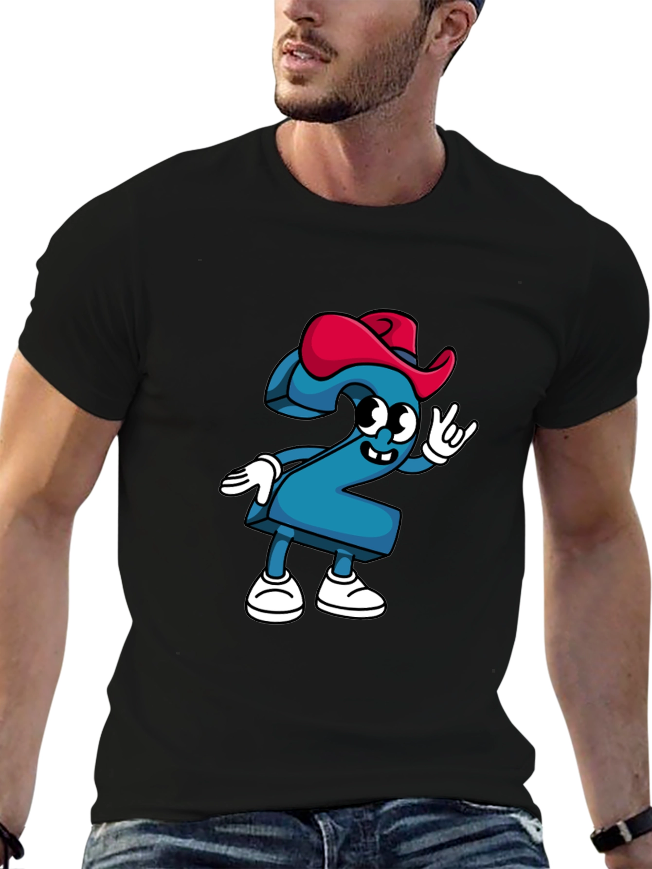 Cartoon Number Two Graphic Tee - Black Cotton T-Shirt