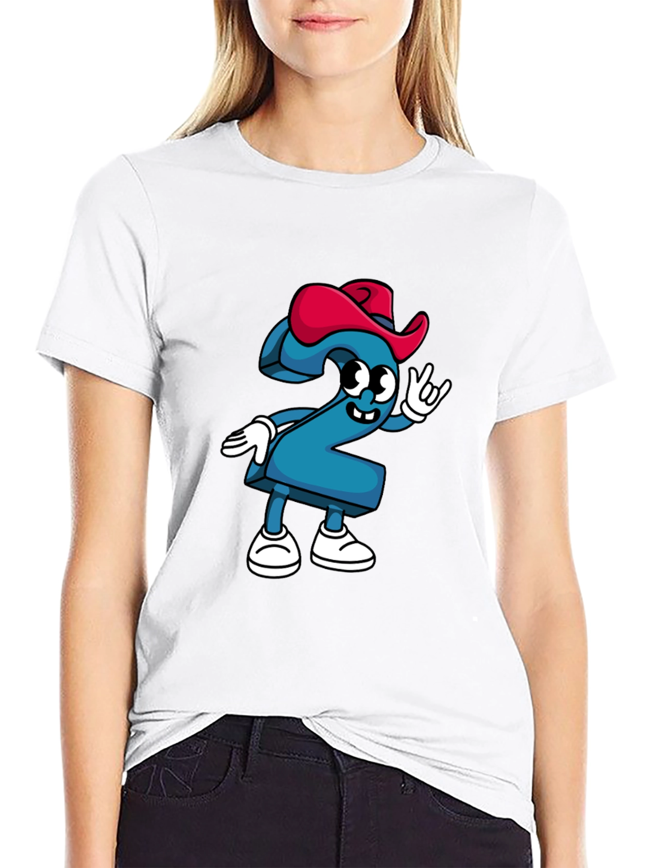 Cartoon Number Two Graphic Tee - Black Cotton T-Shirt