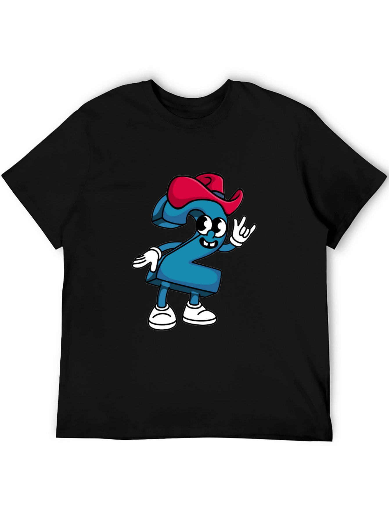 Cartoon Number Two Graphic Tee - Black Cotton T-Shirt