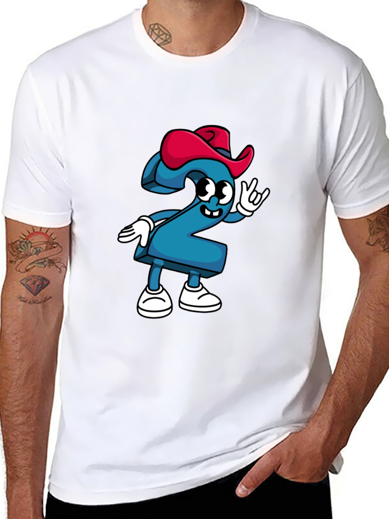 Cartoon Number Two Graphic Tee - Black Cotton T-Shirt