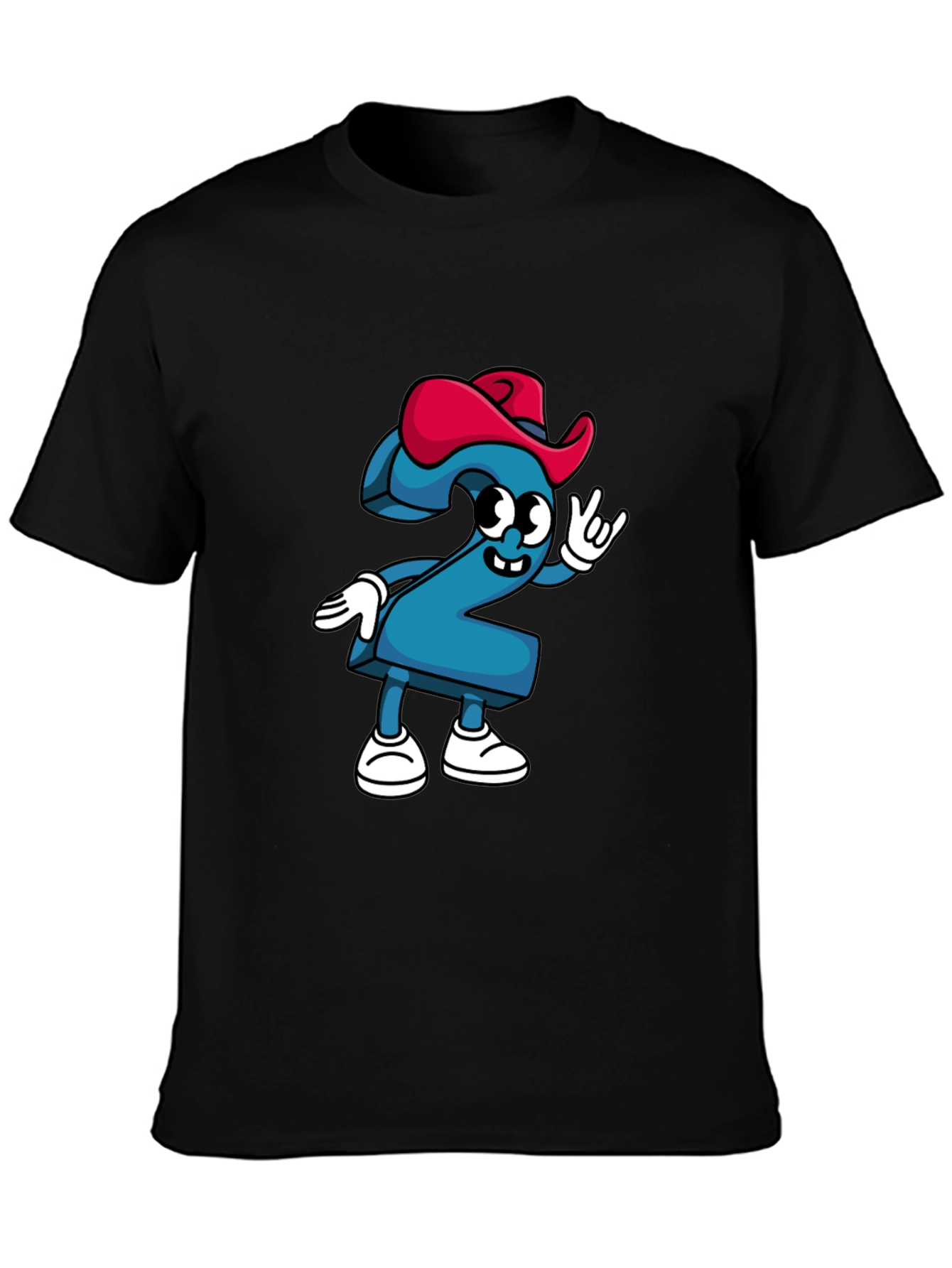 Cartoon Number Two Graphic Tee - Black Cotton T-Shirt