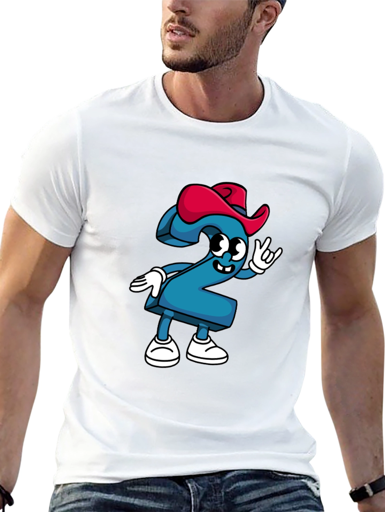 Cartoon Number Two Graphic Tee - Black Cotton T-Shirt