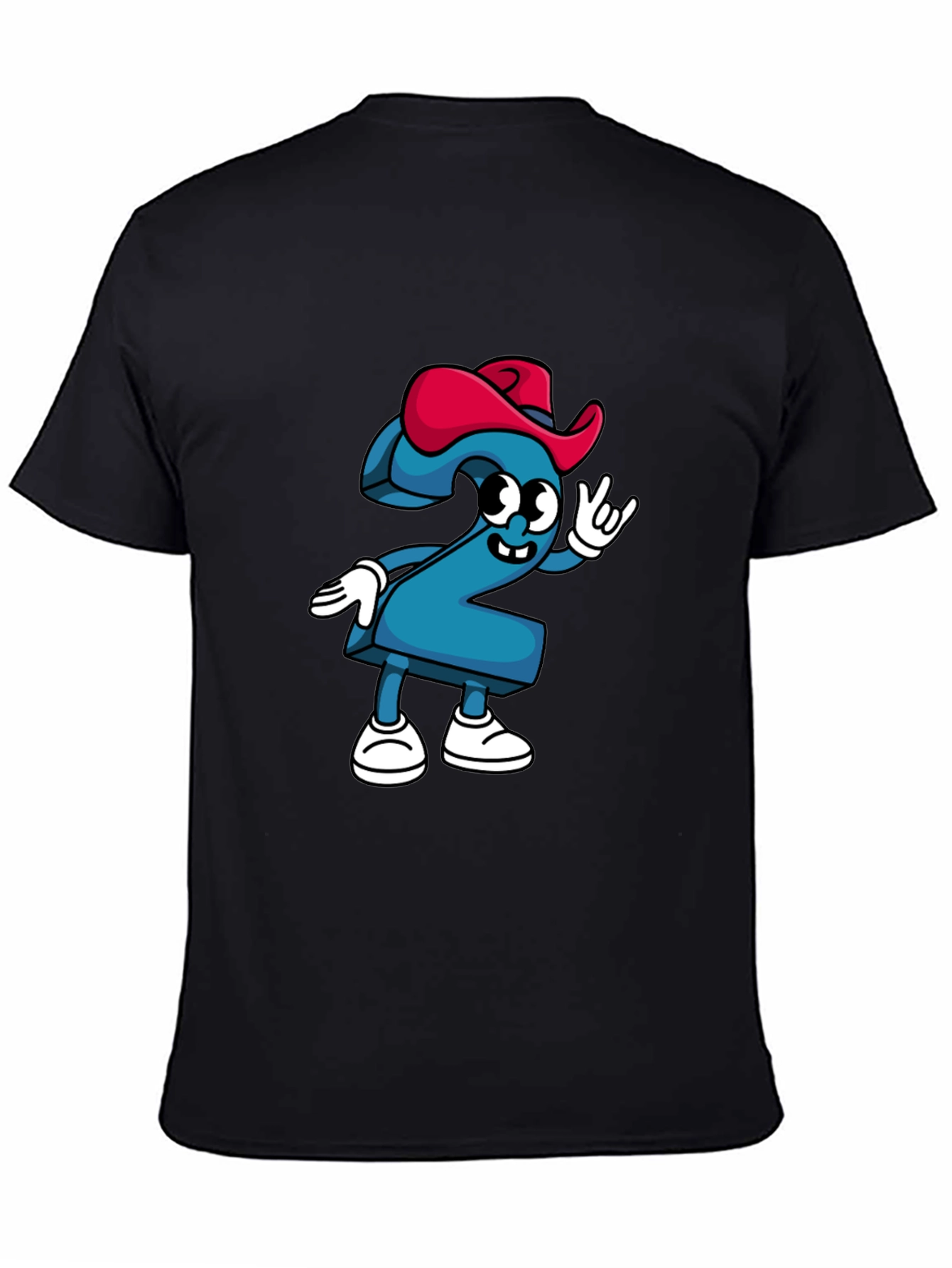 Cartoon Number Two Graphic Tee - Black Cotton T-Shirt