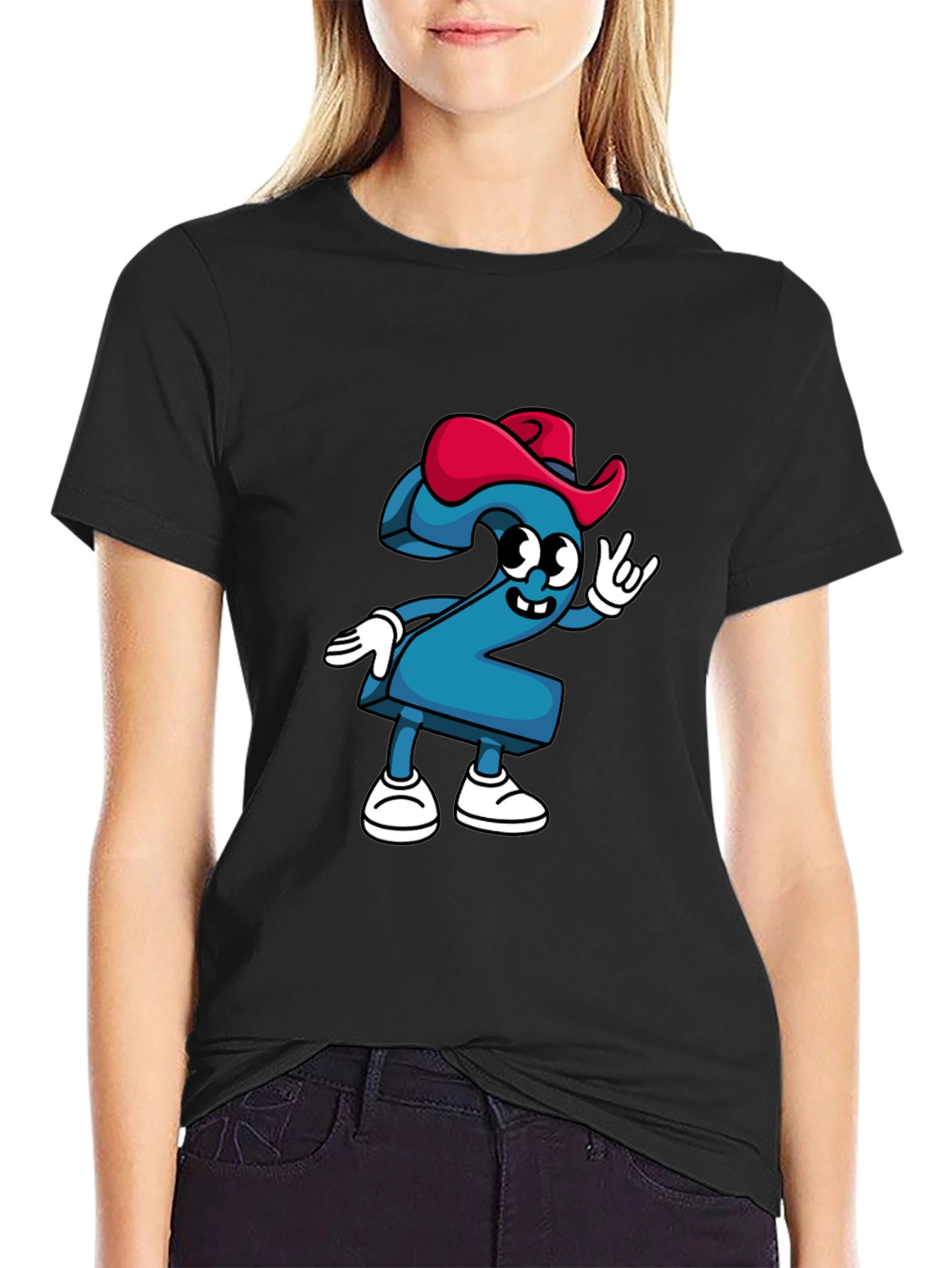 Cartoon Number Two Graphic Tee - Black Cotton T-Shirt
