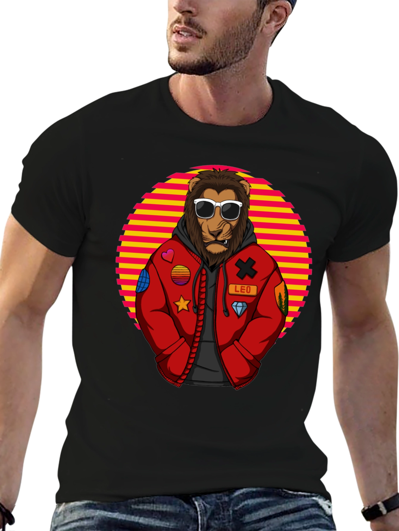 Cool Lion Graphic Tee - Retro Style Black T-Shirt