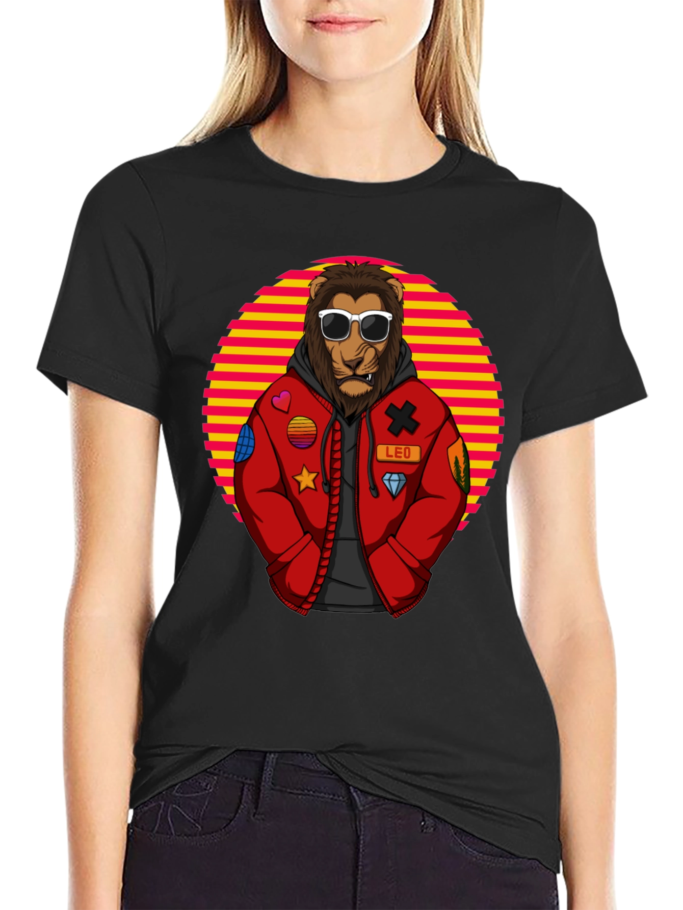 Cool Lion Graphic Tee - Retro Style Black T-Shirt