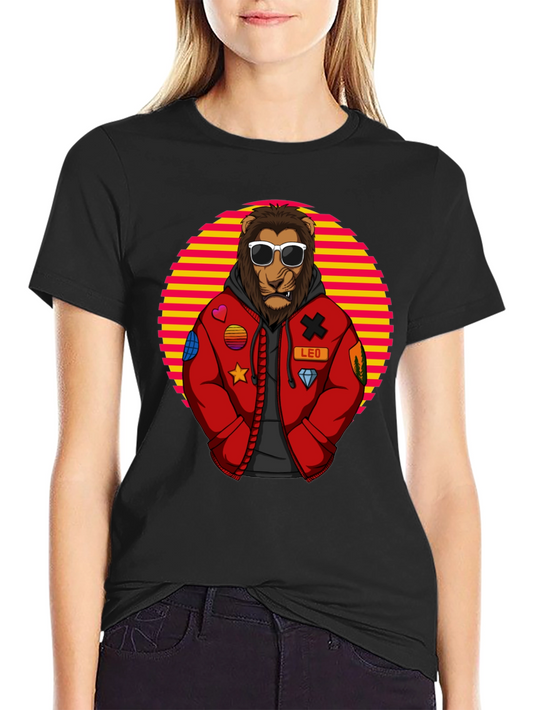 Cool Lion Graphic Tee - Retro Style Black T-Shirt