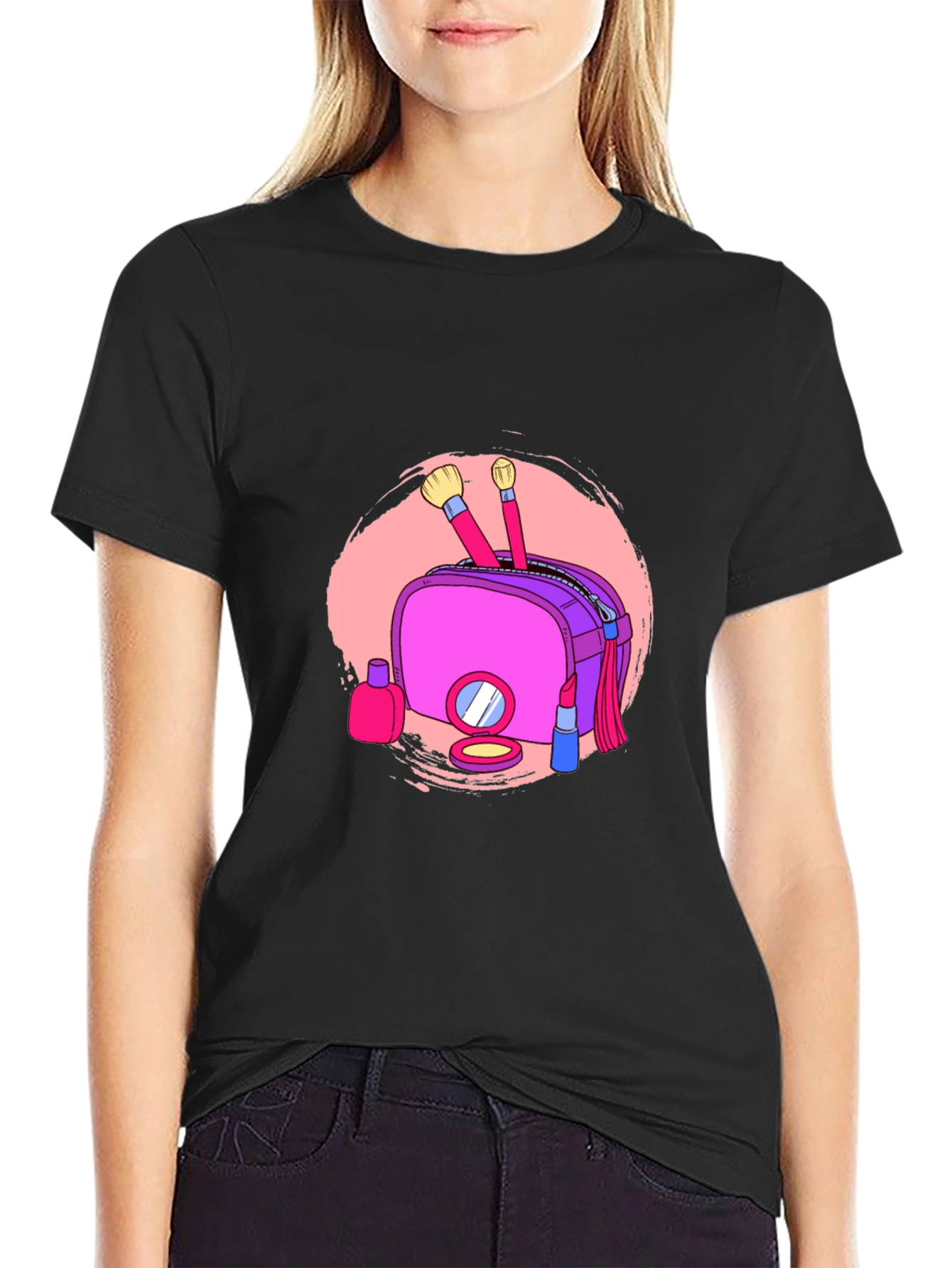 Makeup Bag Graphic Tee - Stylish Black T-Shirt