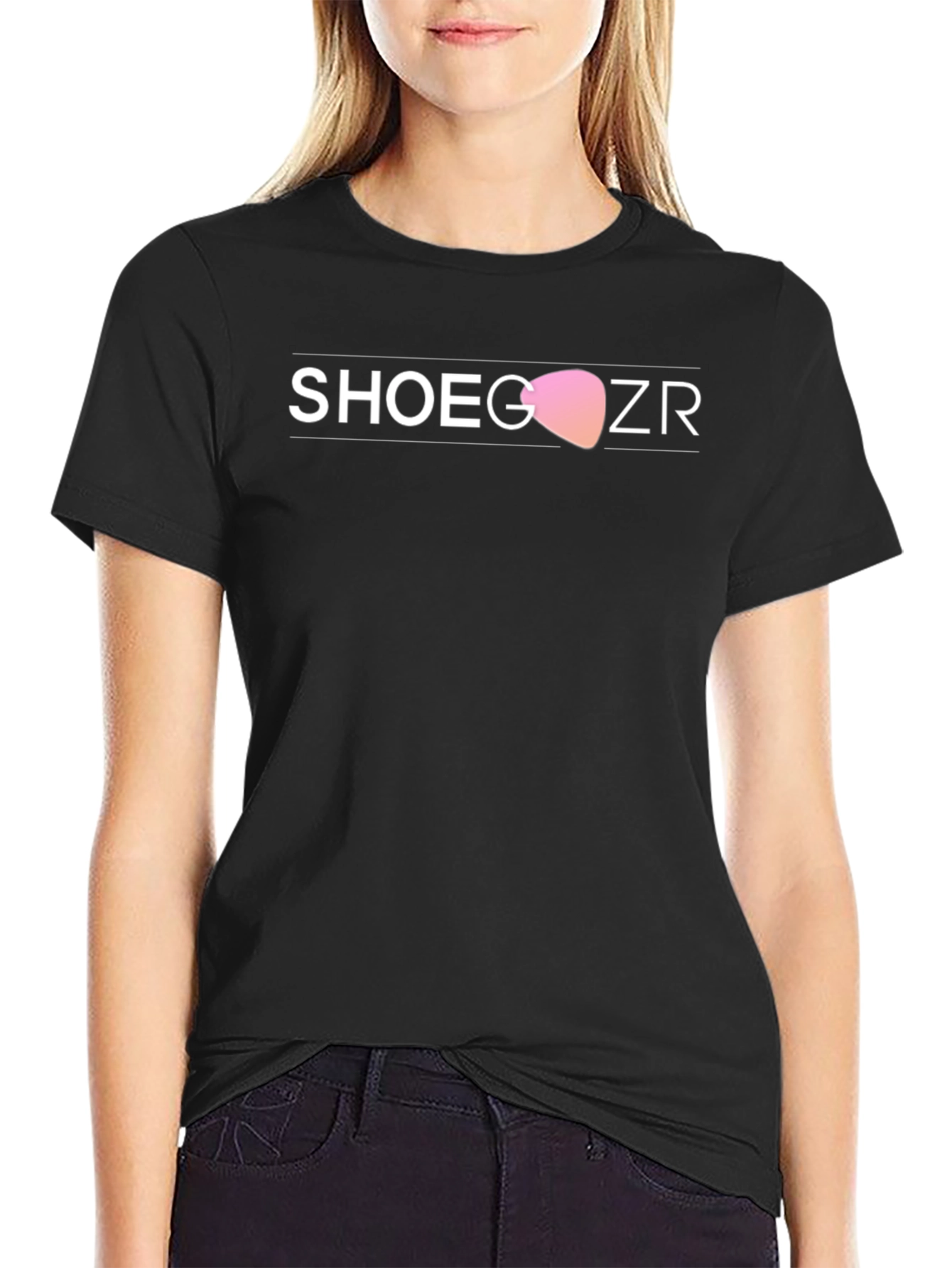 Shoegazer Black T-Shirt with Guitar Pick Design