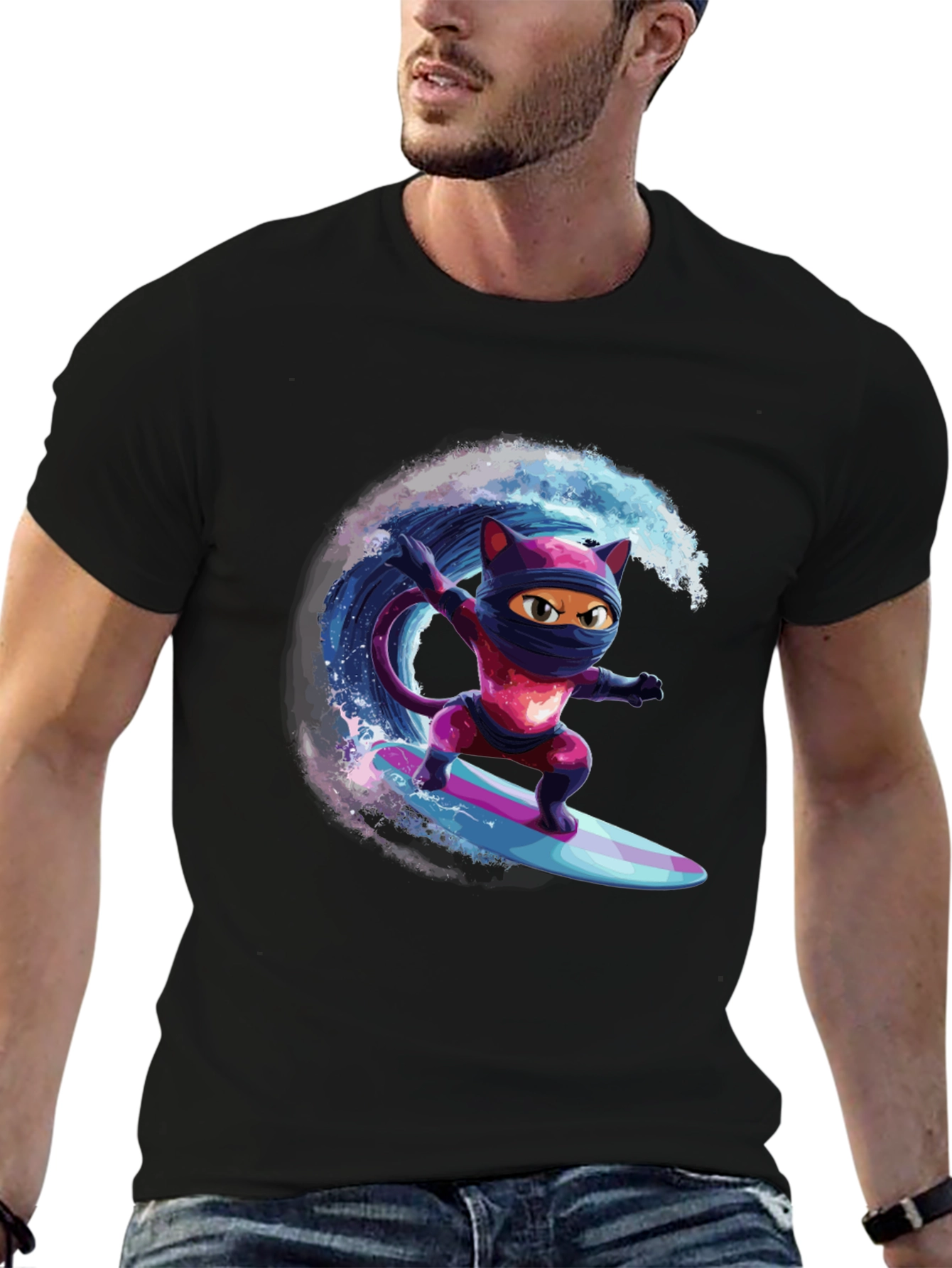 Ninja Cat Surfing T-Shirt - Cool Graphic Tee