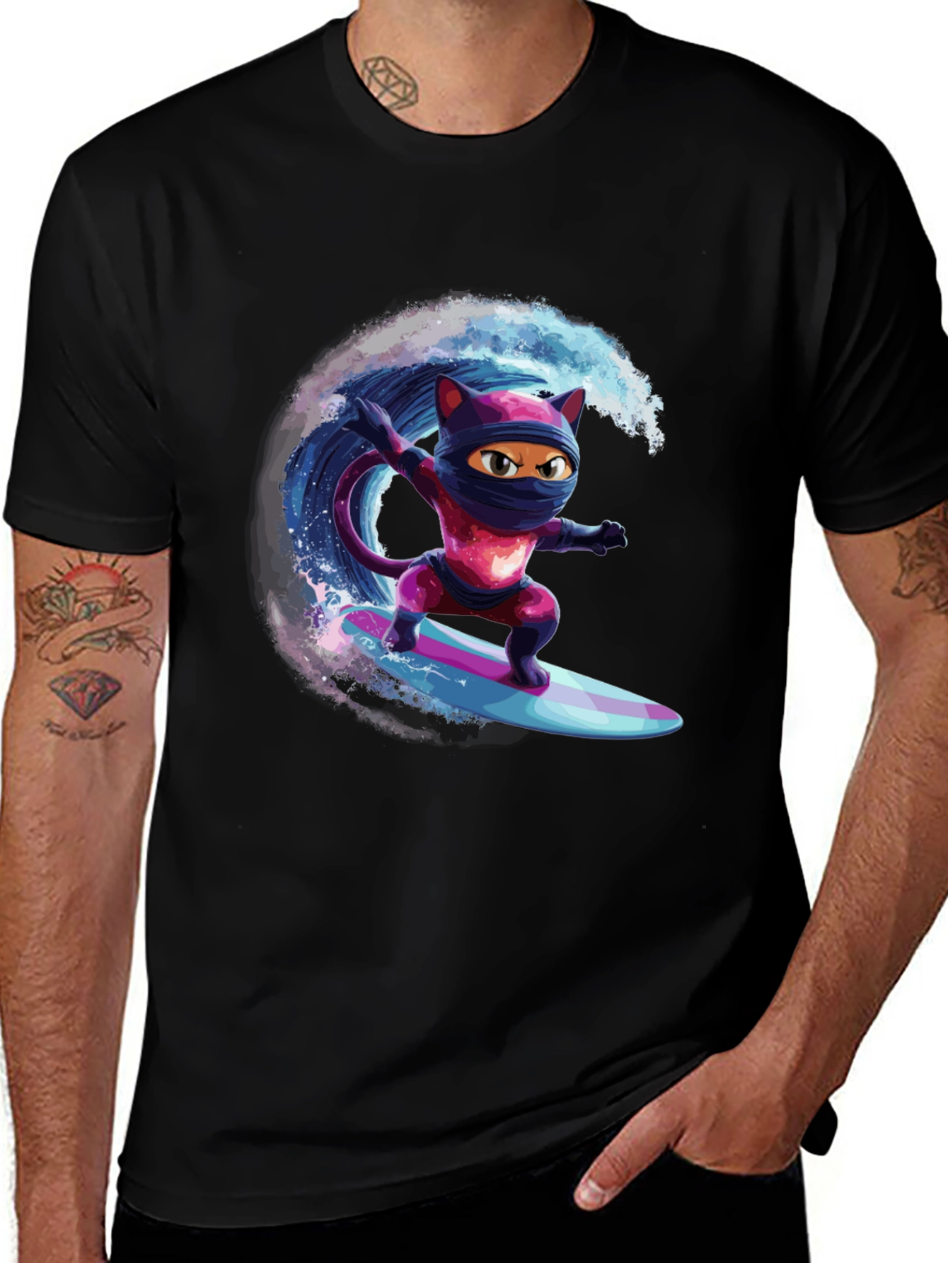 Ninja Cat Surfing T-Shirt - Cool Graphic Tee