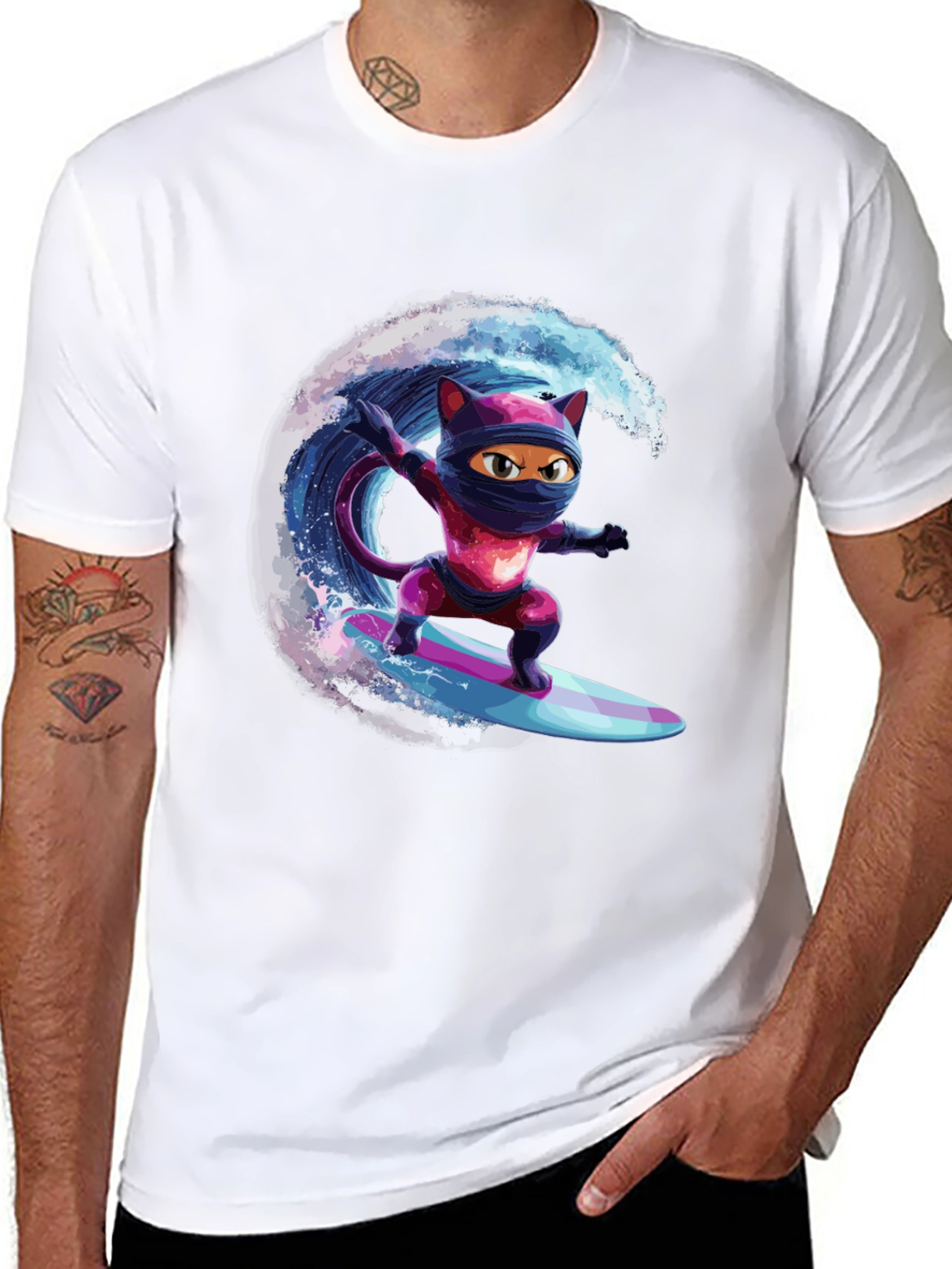Ninja Cat Surfing T-Shirt - Cool Graphic Tee