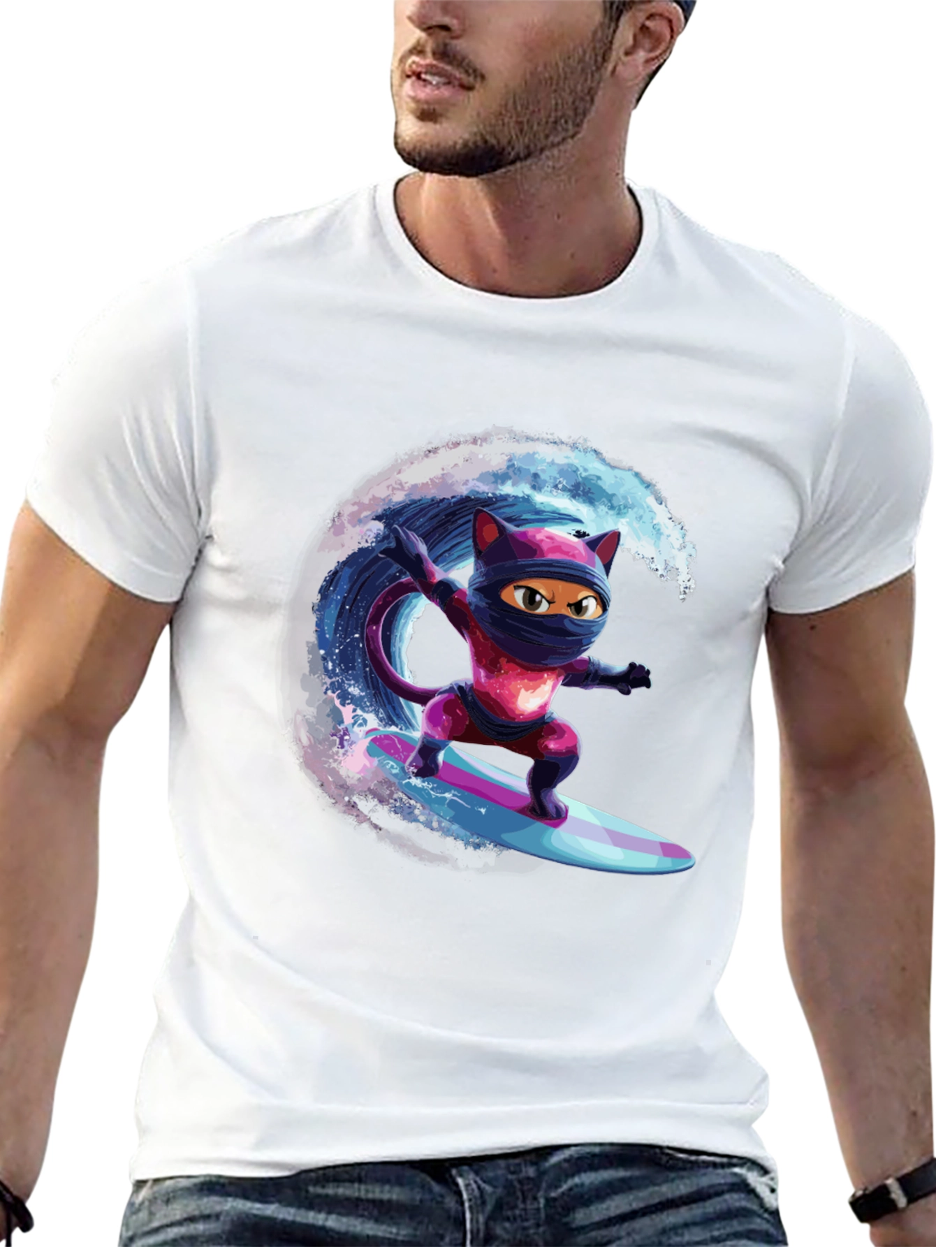 Ninja Cat Surfing T-Shirt - Cool Graphic Tee