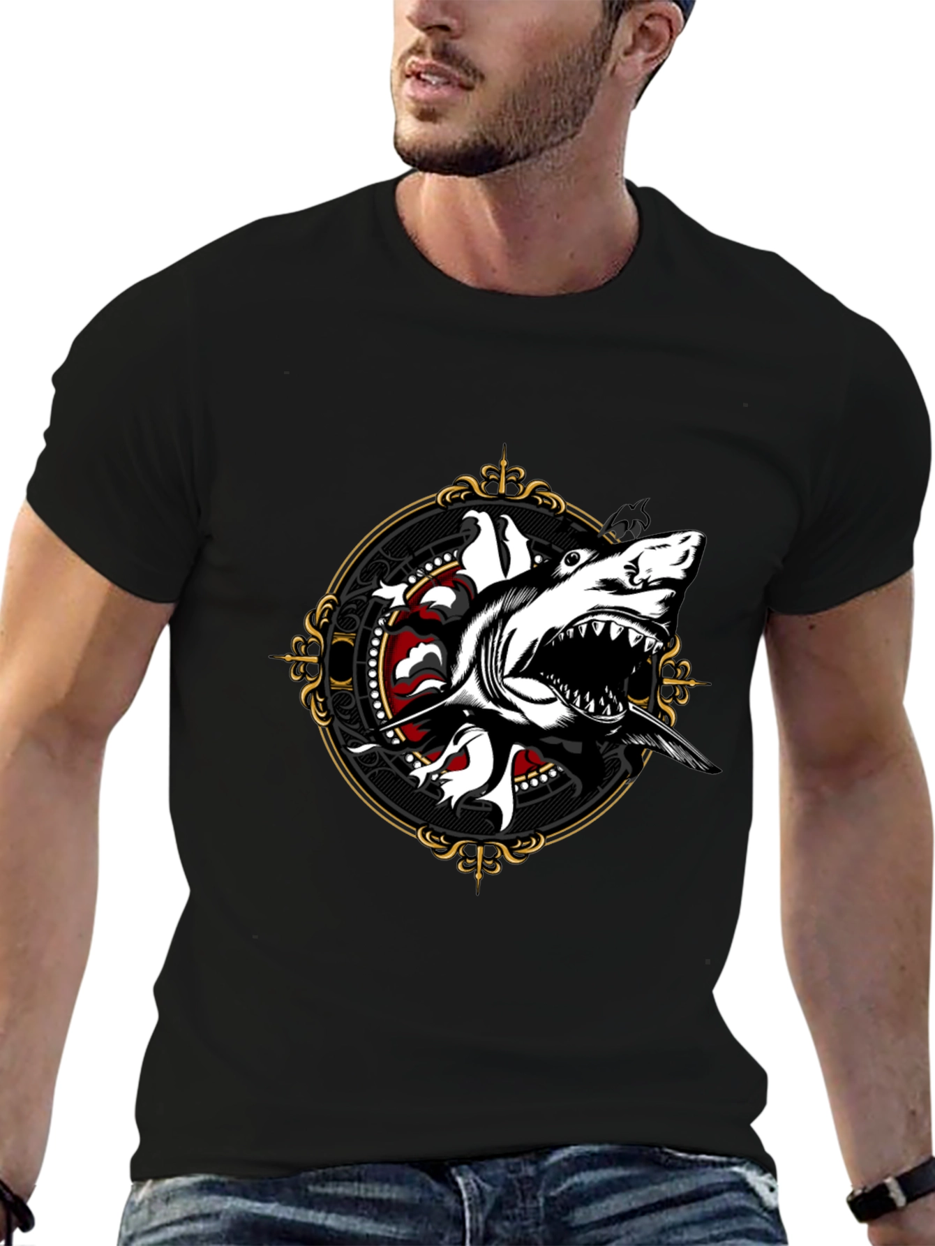 Shark Graphic Print Black T-Shirt