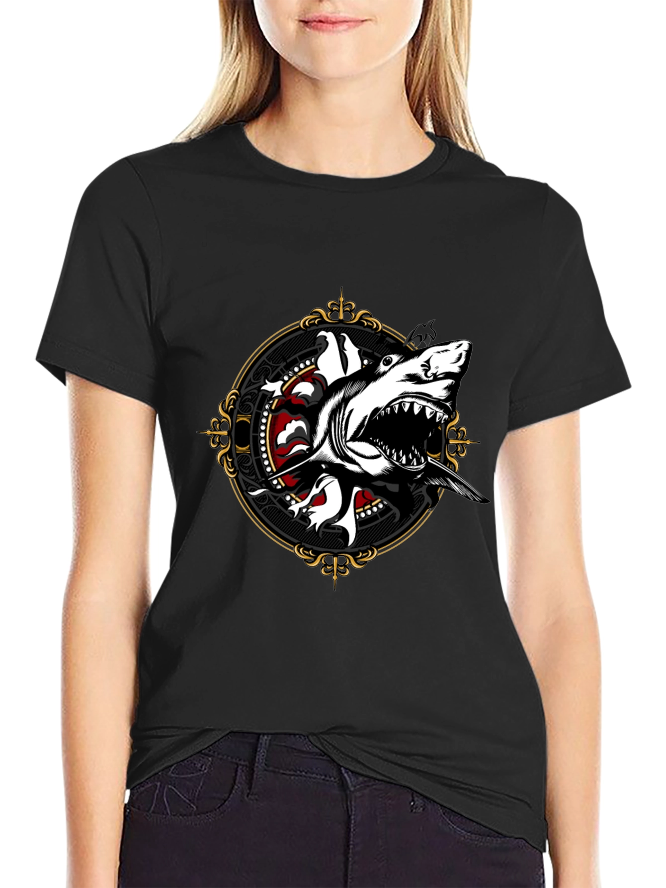 Shark Graphic Print Black T-Shirt