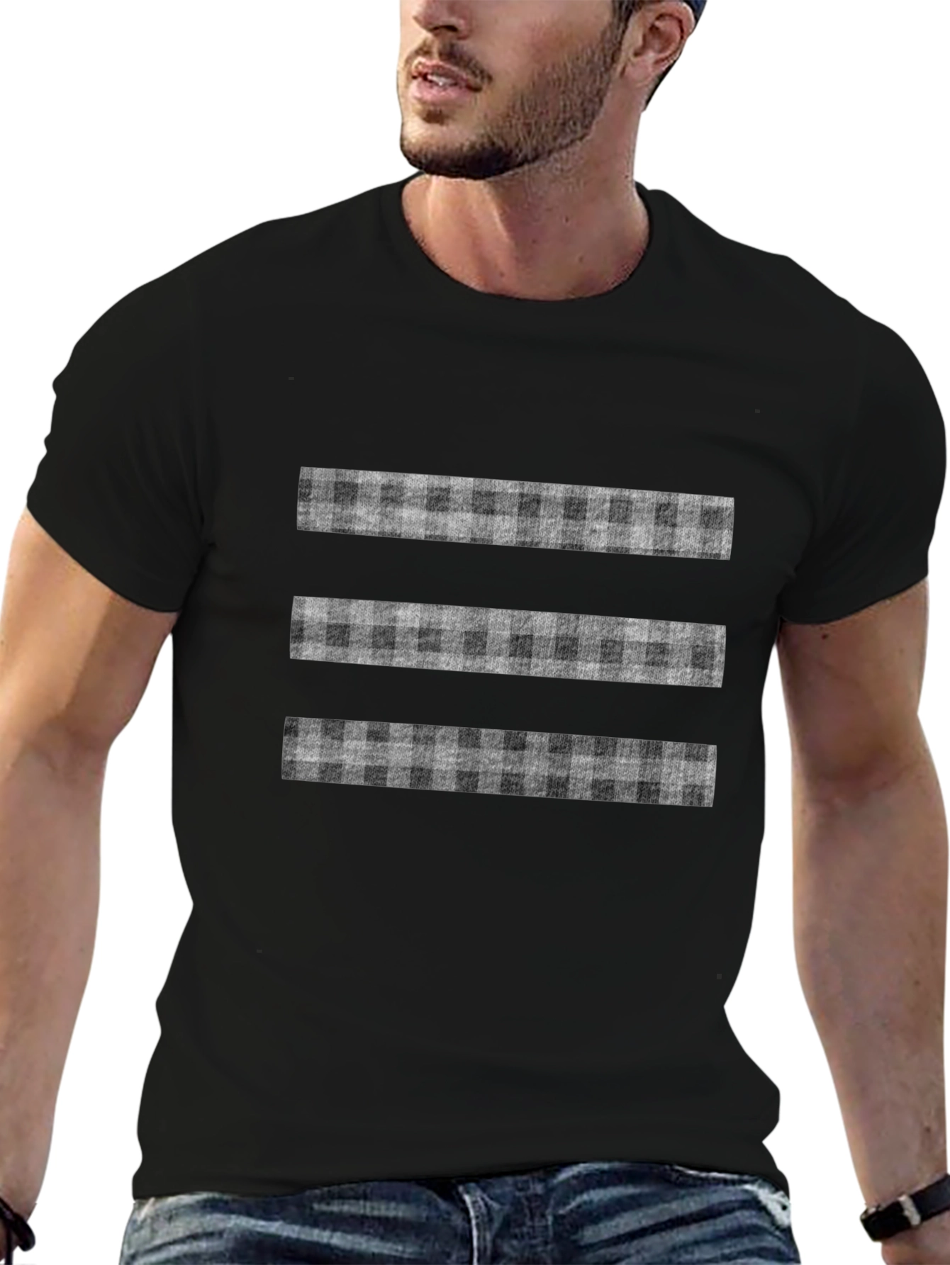 Stylish Black T-Shirt with Plaid Stripe Design