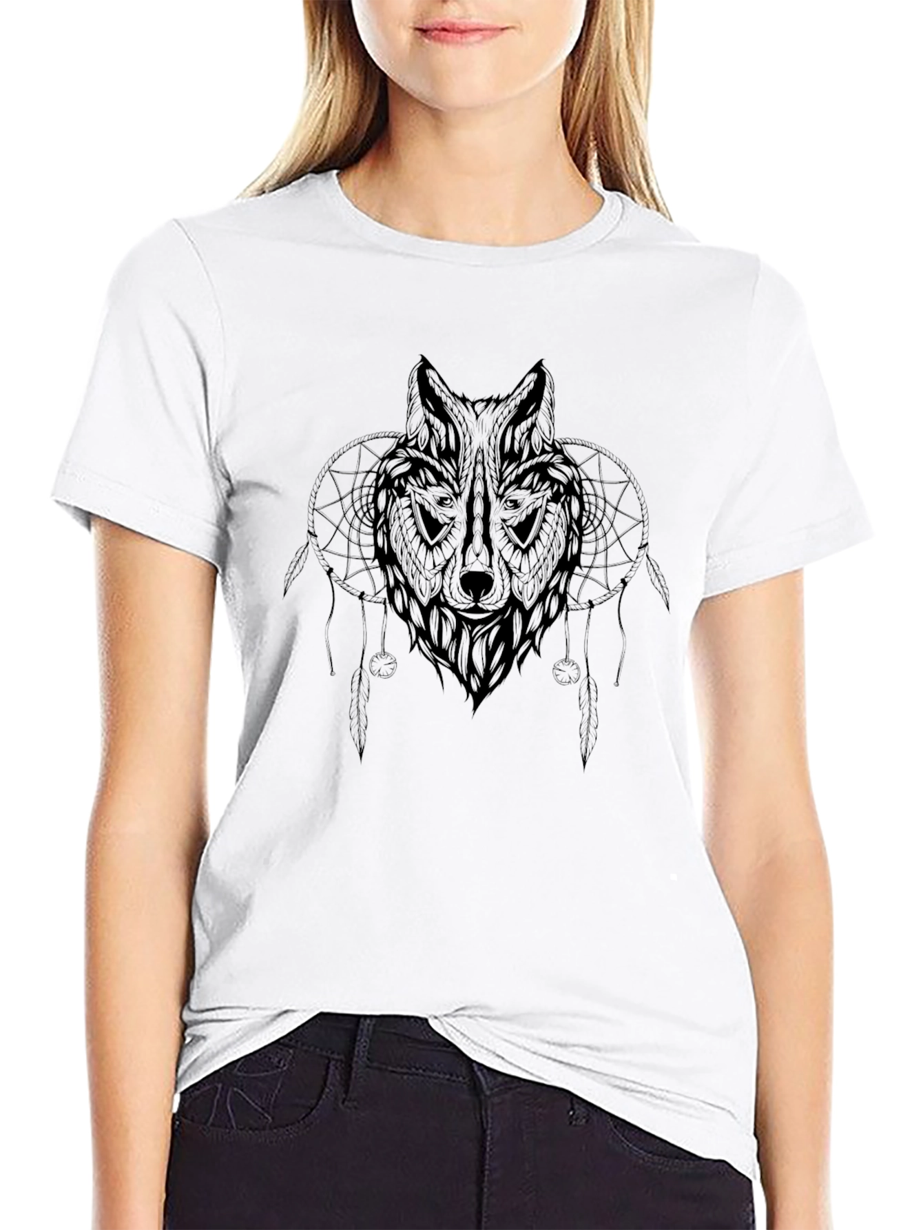 Black Wolf Dreamcatcher Graphic T-Shirt
