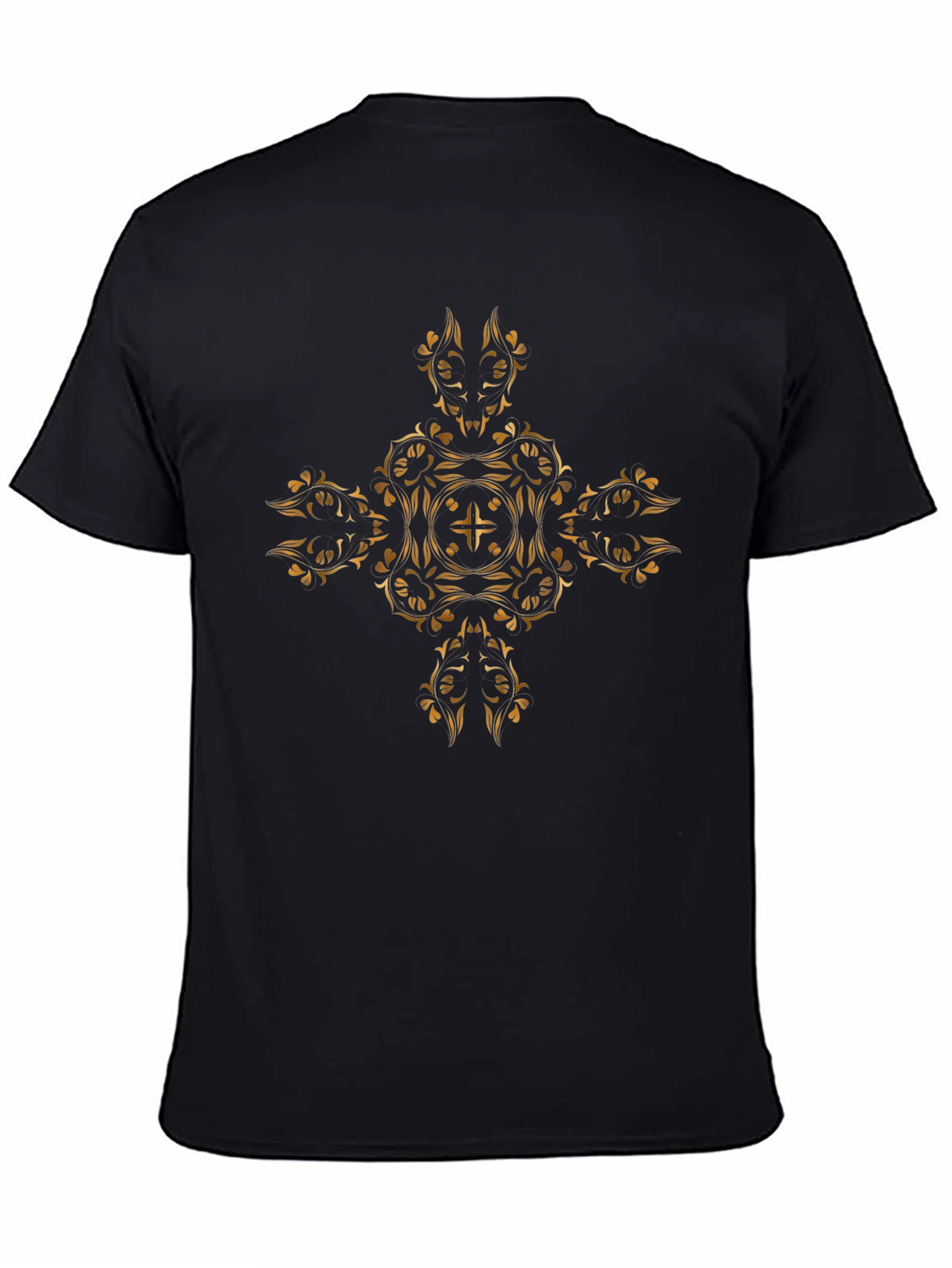 Stylish Black Tee with Ornate Gold Cross Design