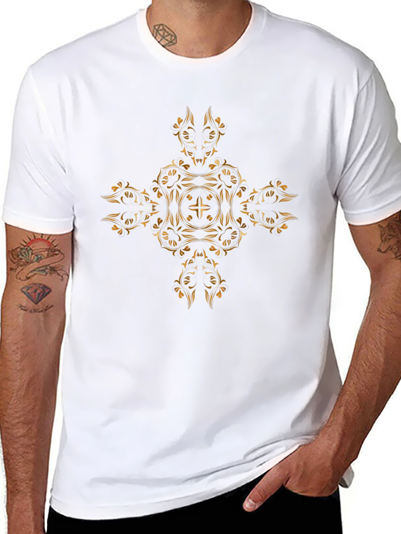 Stylish Black Tee with Ornate Gold Cross Design