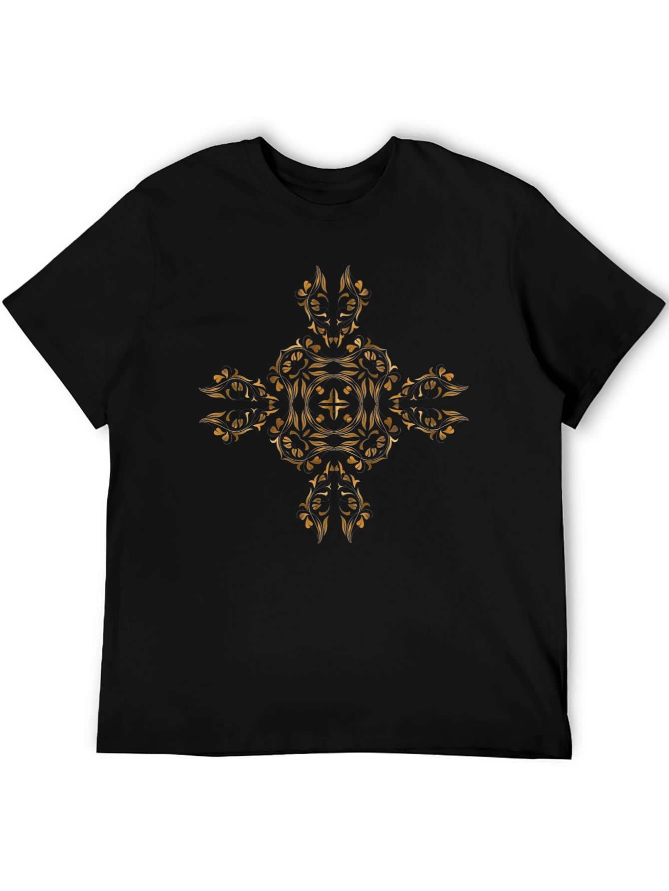 Stylish Black Tee with Ornate Gold Cross Design