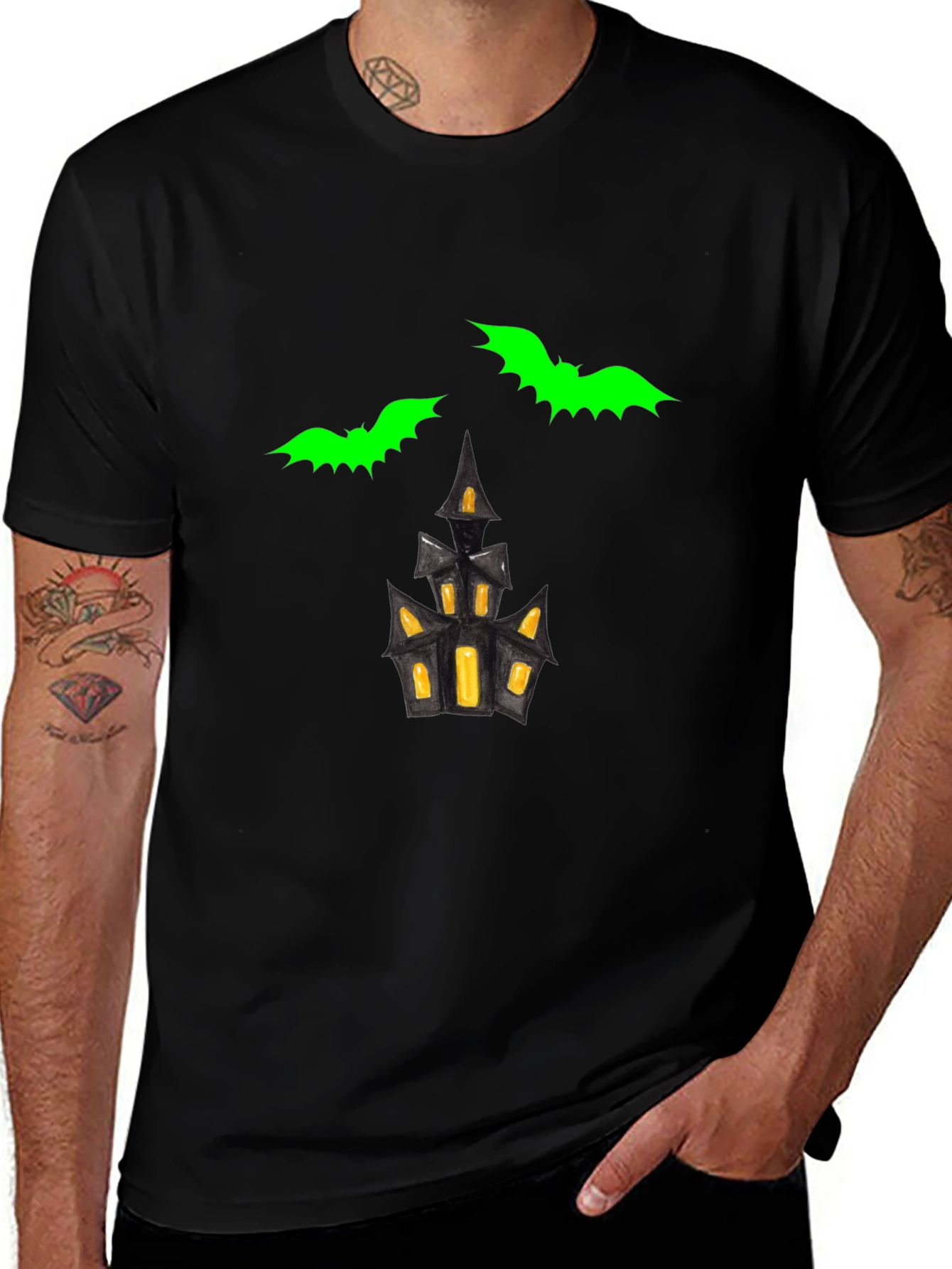 Spooky Bats & Haunted House Graphic Tee