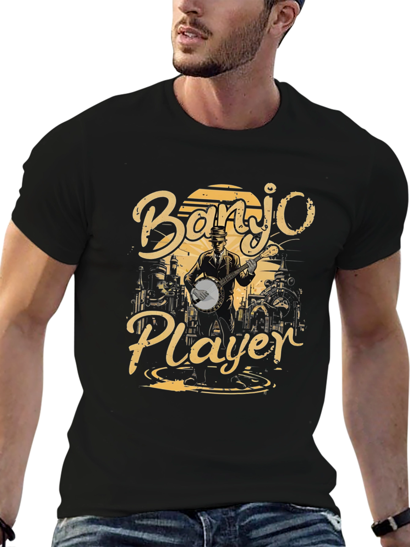 Banjo Player Graphic T-Shirt - Black