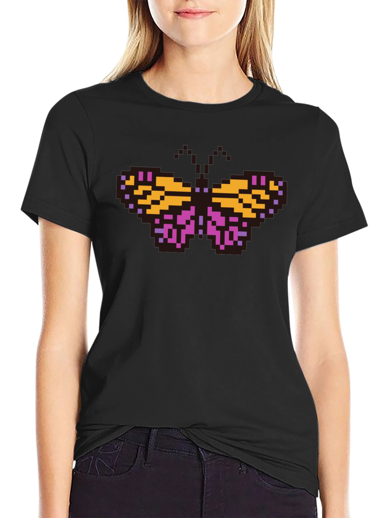 Pixel Butterfly Graphic T-Shirt - Black Casual Tee