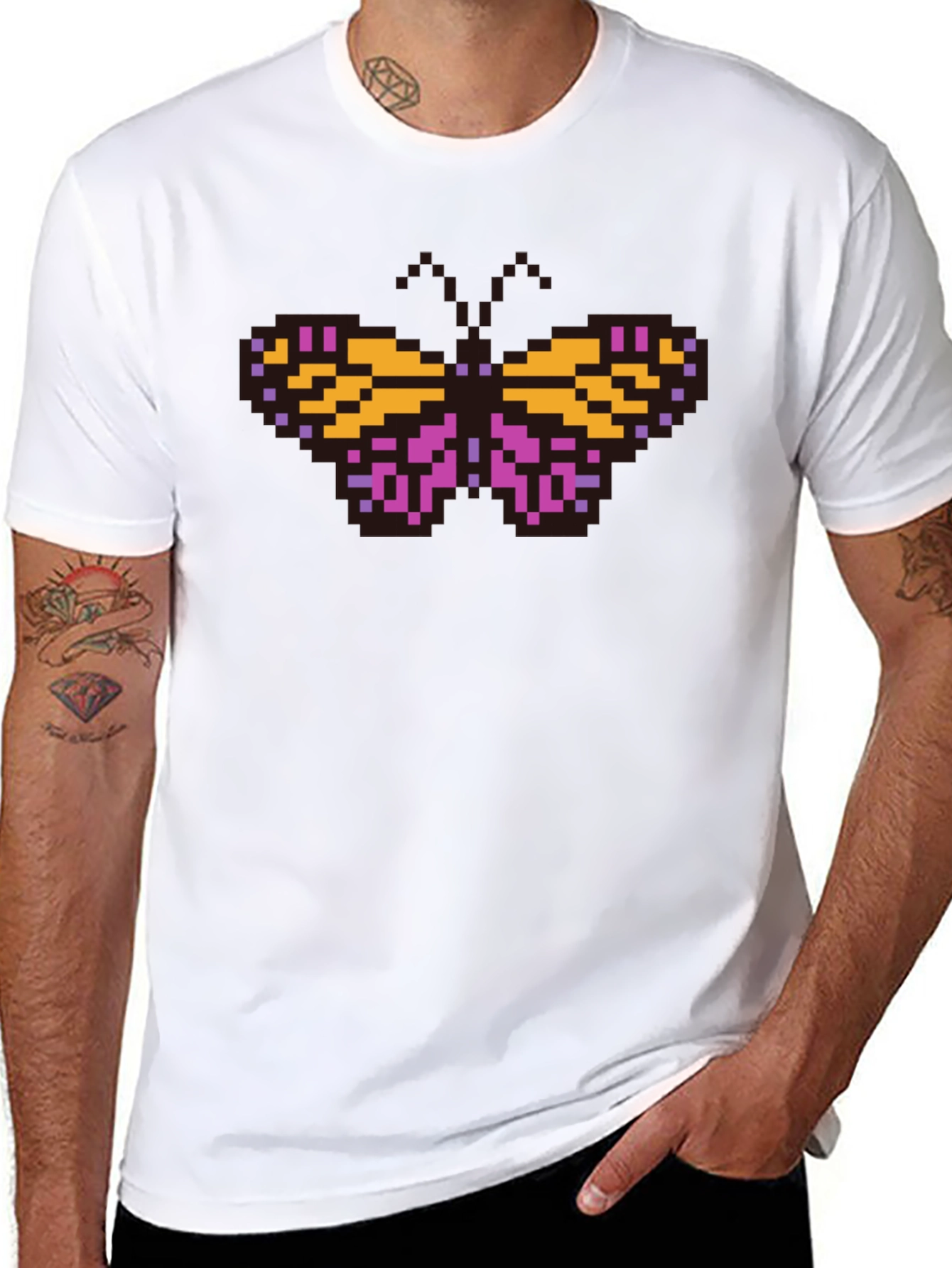 Pixel Butterfly Graphic T-Shirt - Black Casual Tee