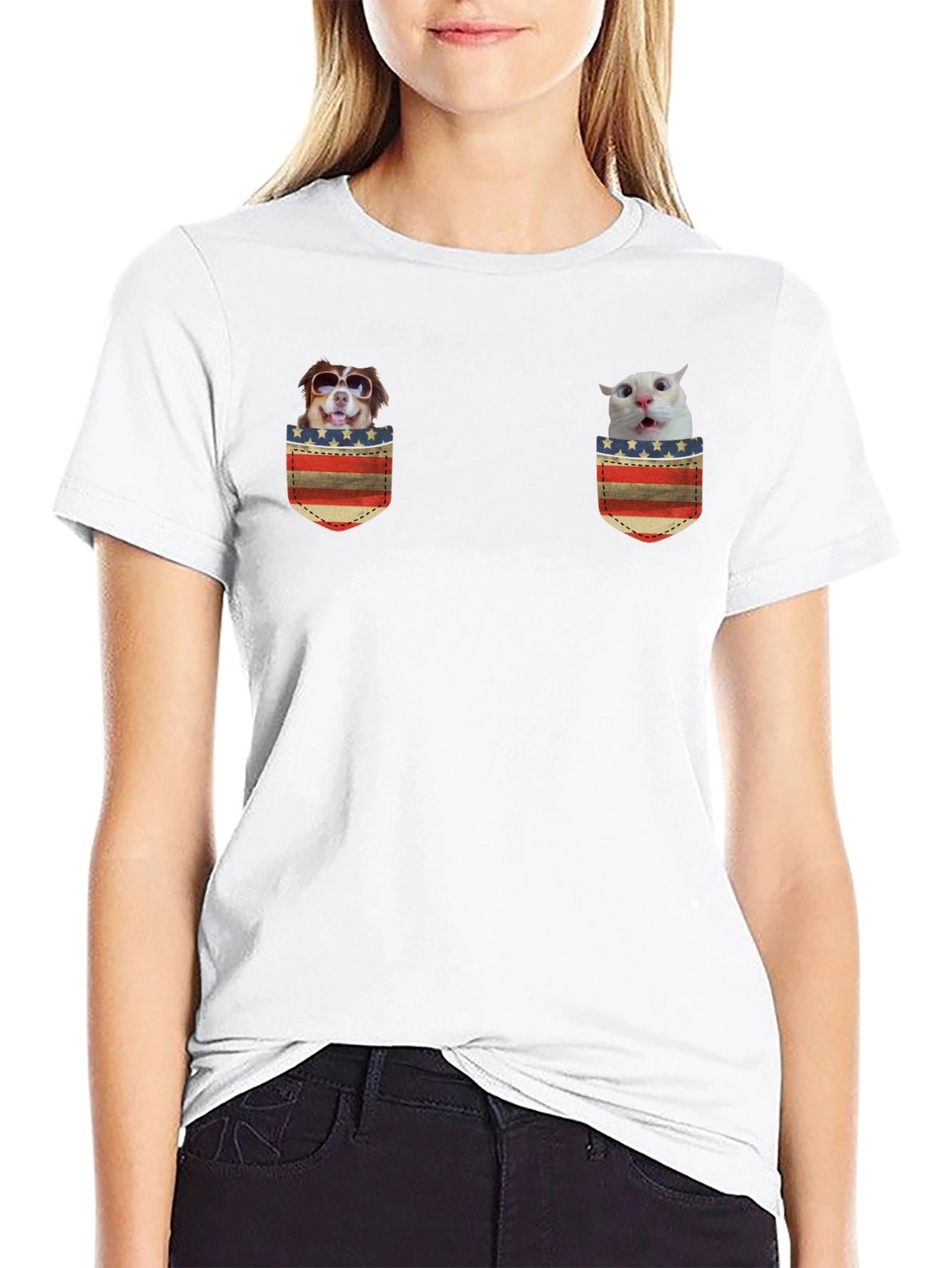 Novelty Pocket T-Shirt with Dog and Cat