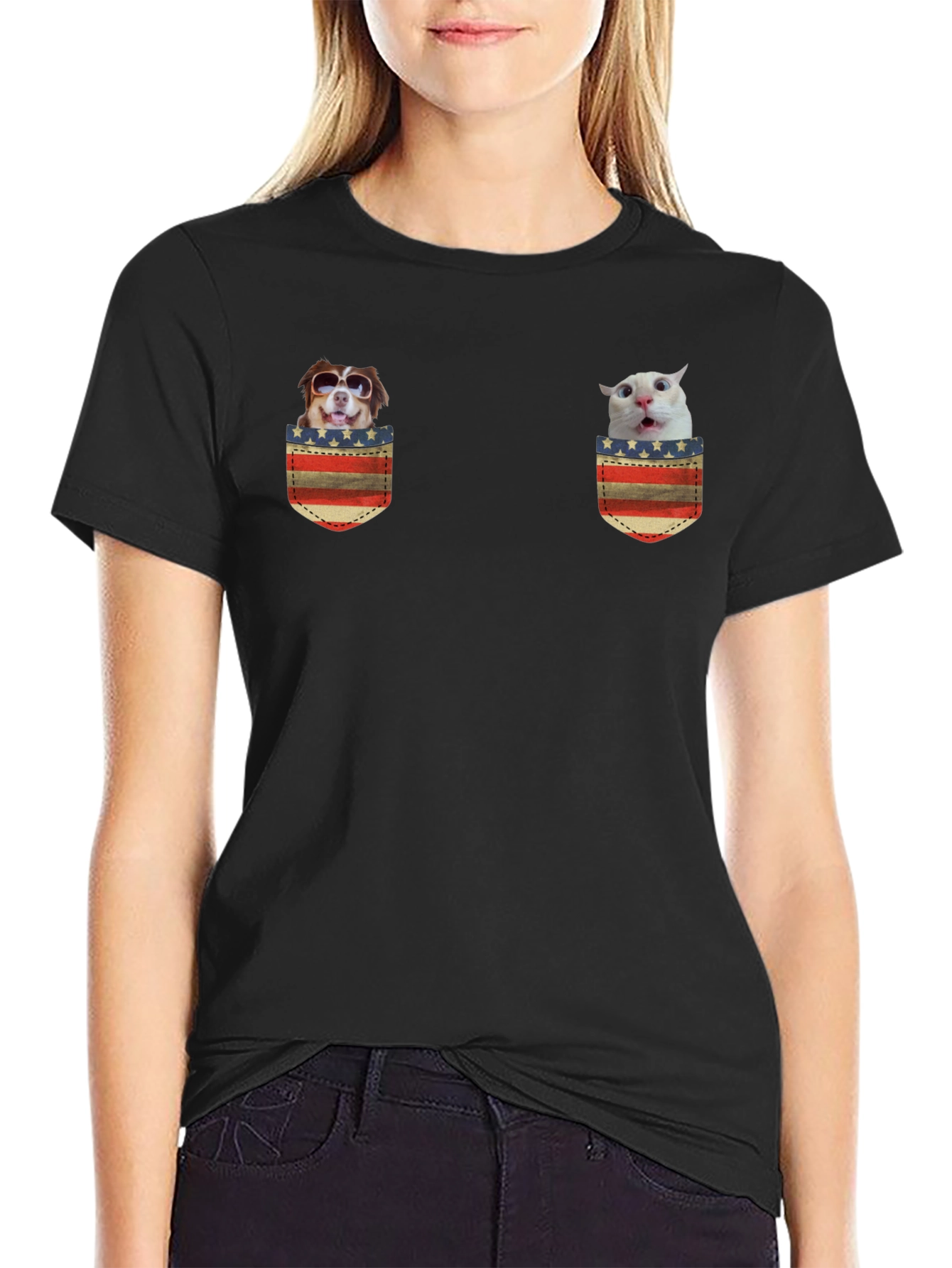 Novelty Pocket T-Shirt with Dog and Cat