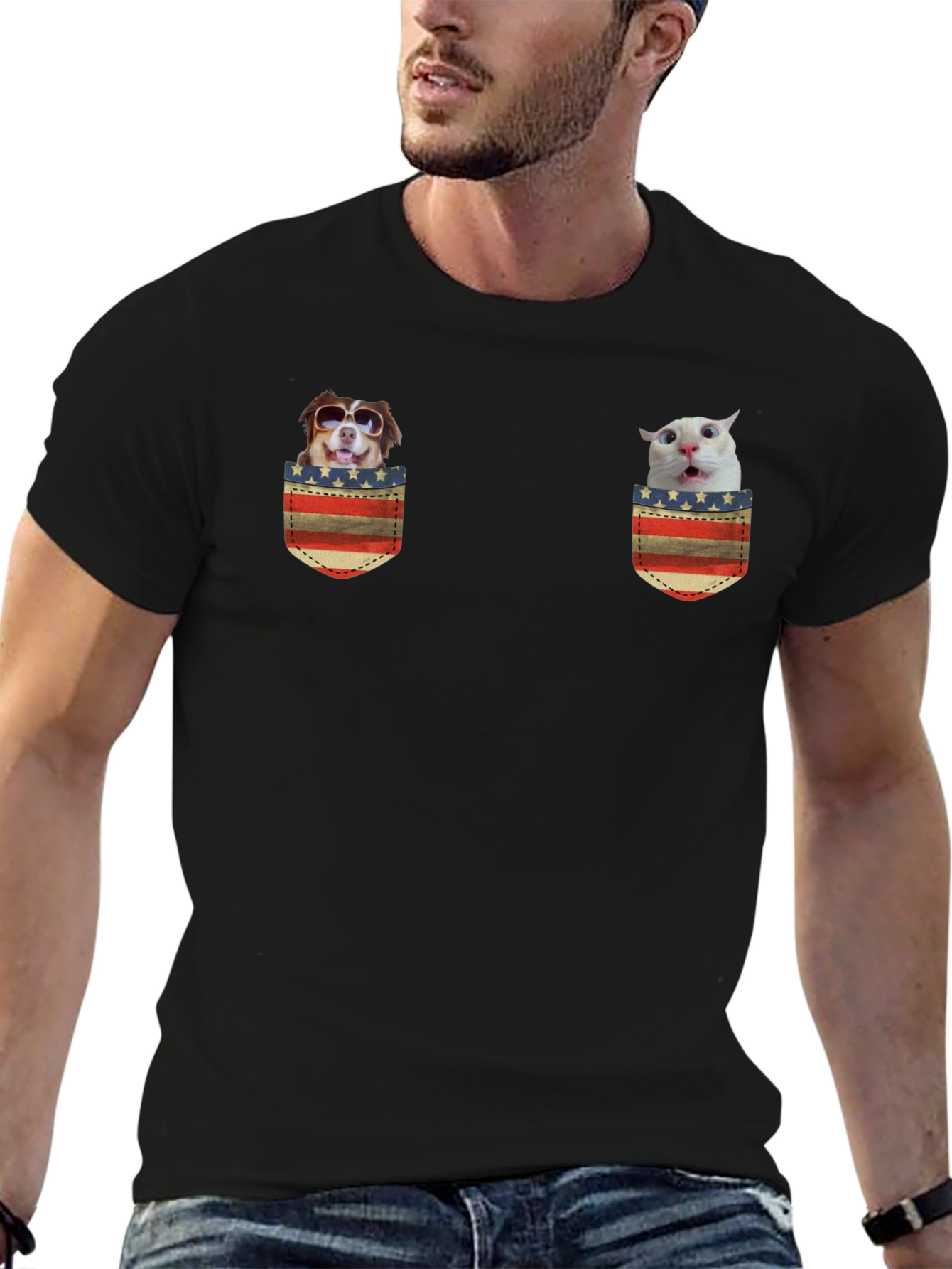 Novelty Pocket T-Shirt with Dog and Cat