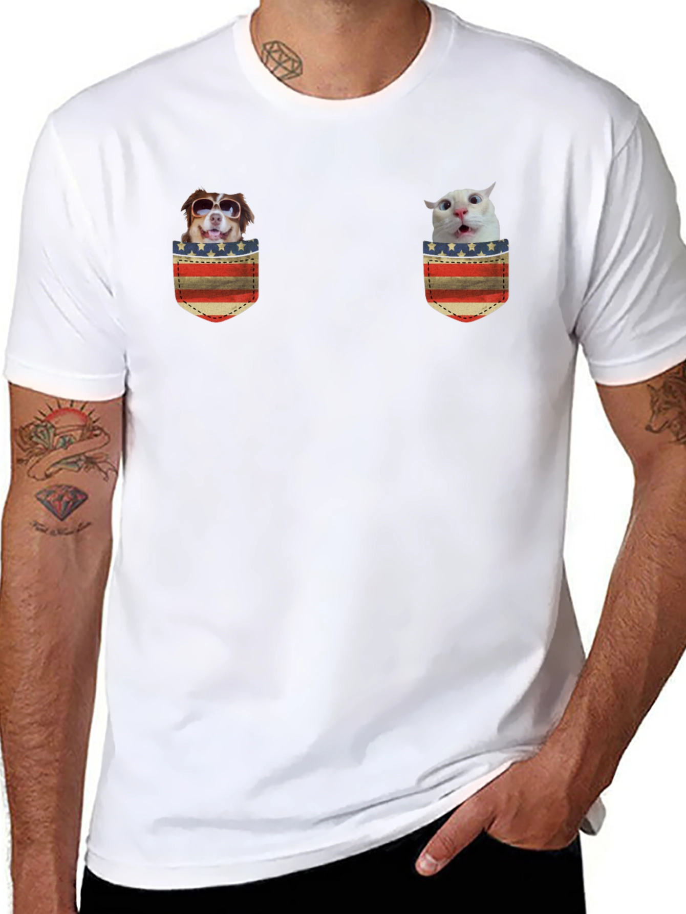 Novelty Pocket T-Shirt with Dog and Cat