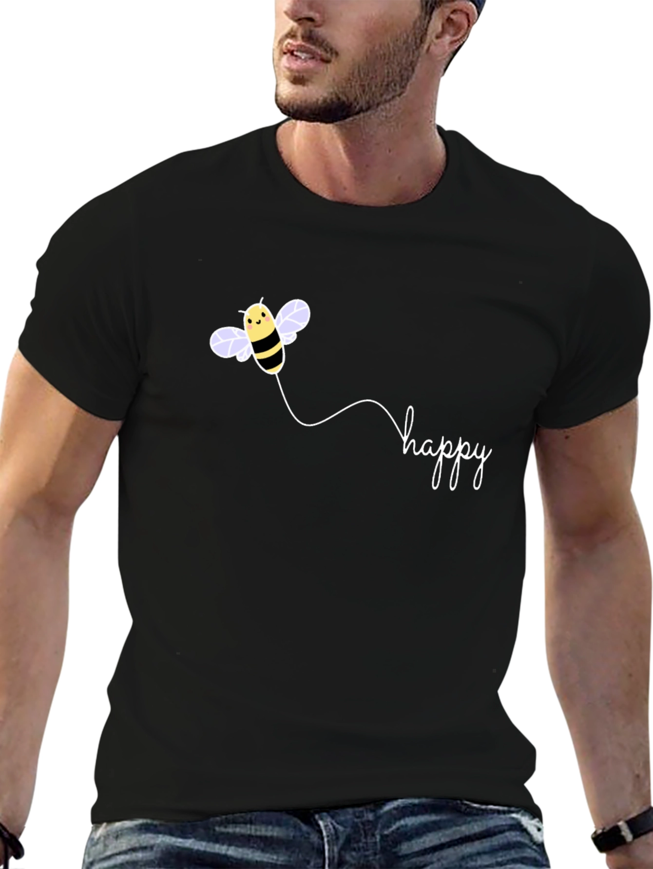 Happy Bee Graphic Black T-Shirt