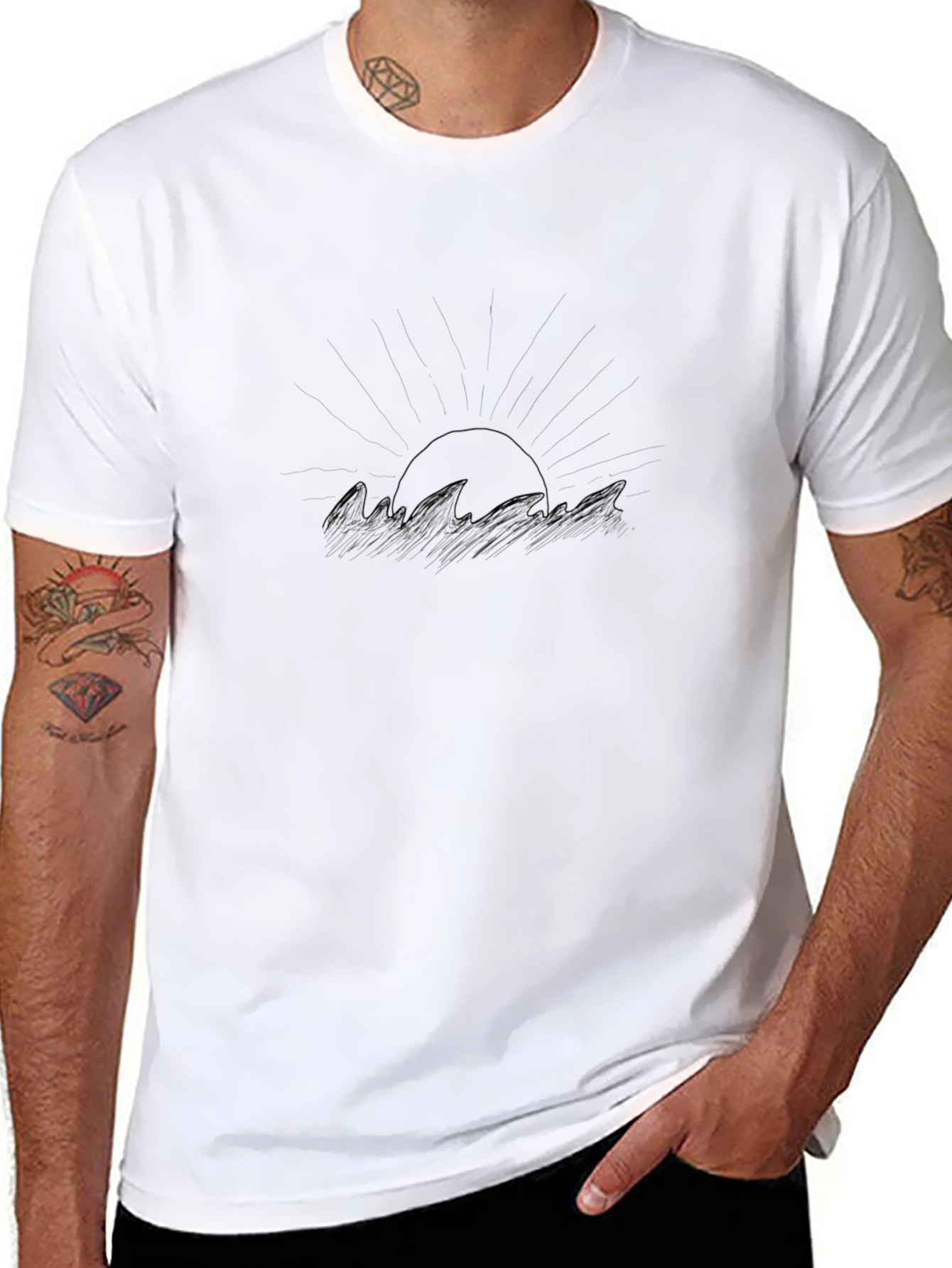 Black Graphic Tee - Sunset Waves Design