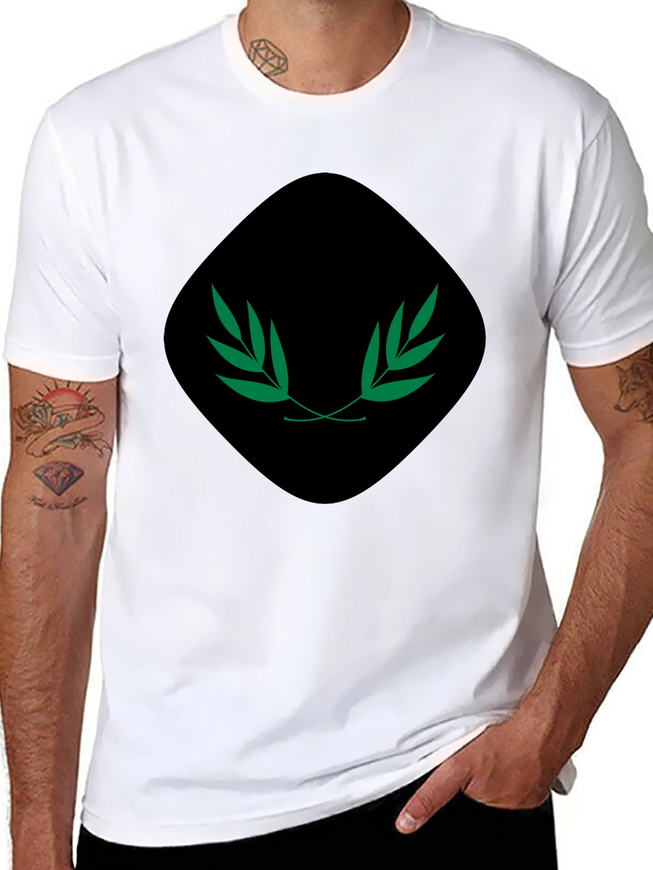 Mens Black Tee with Green Laurel Design