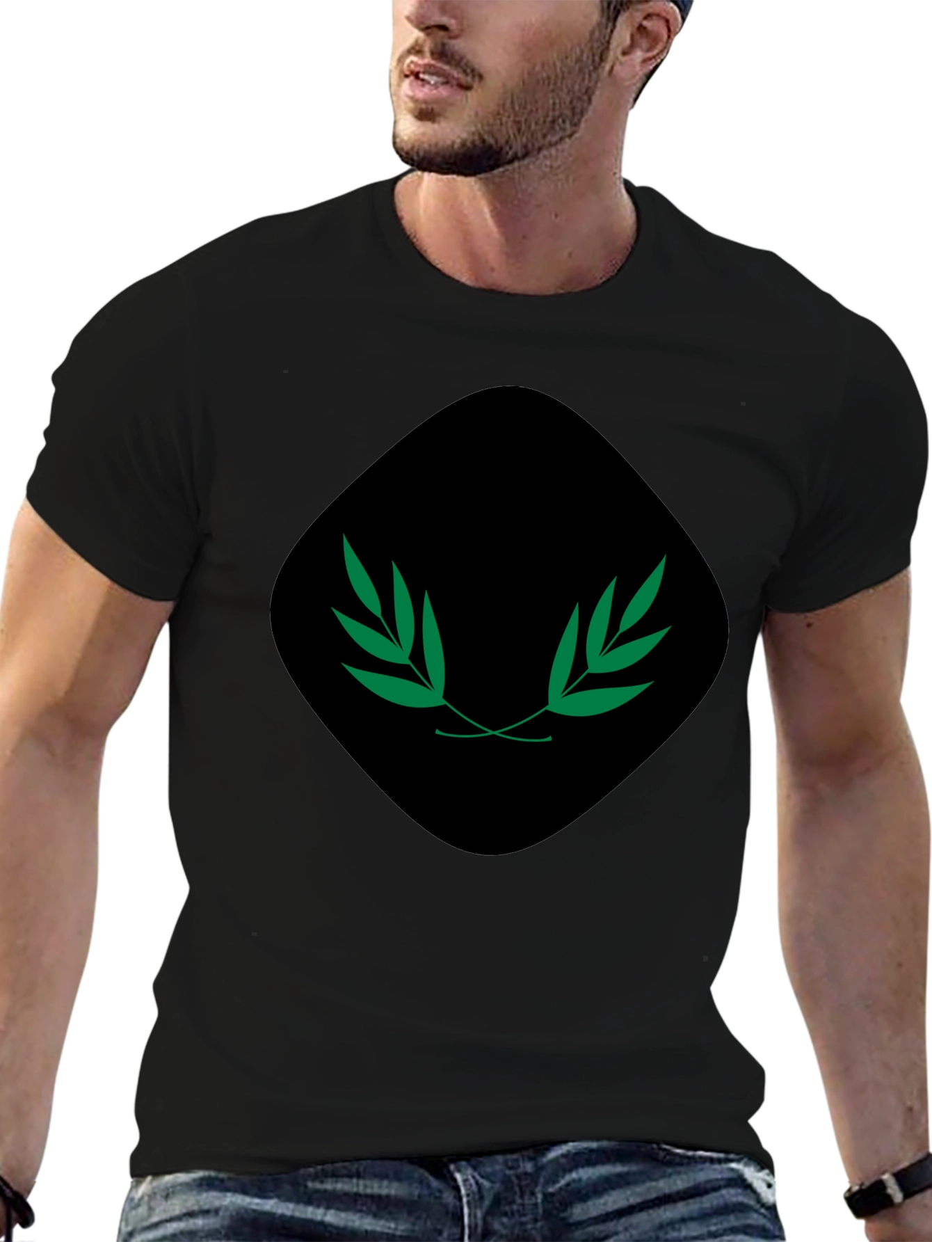 Mens Black Tee with Green Laurel Design