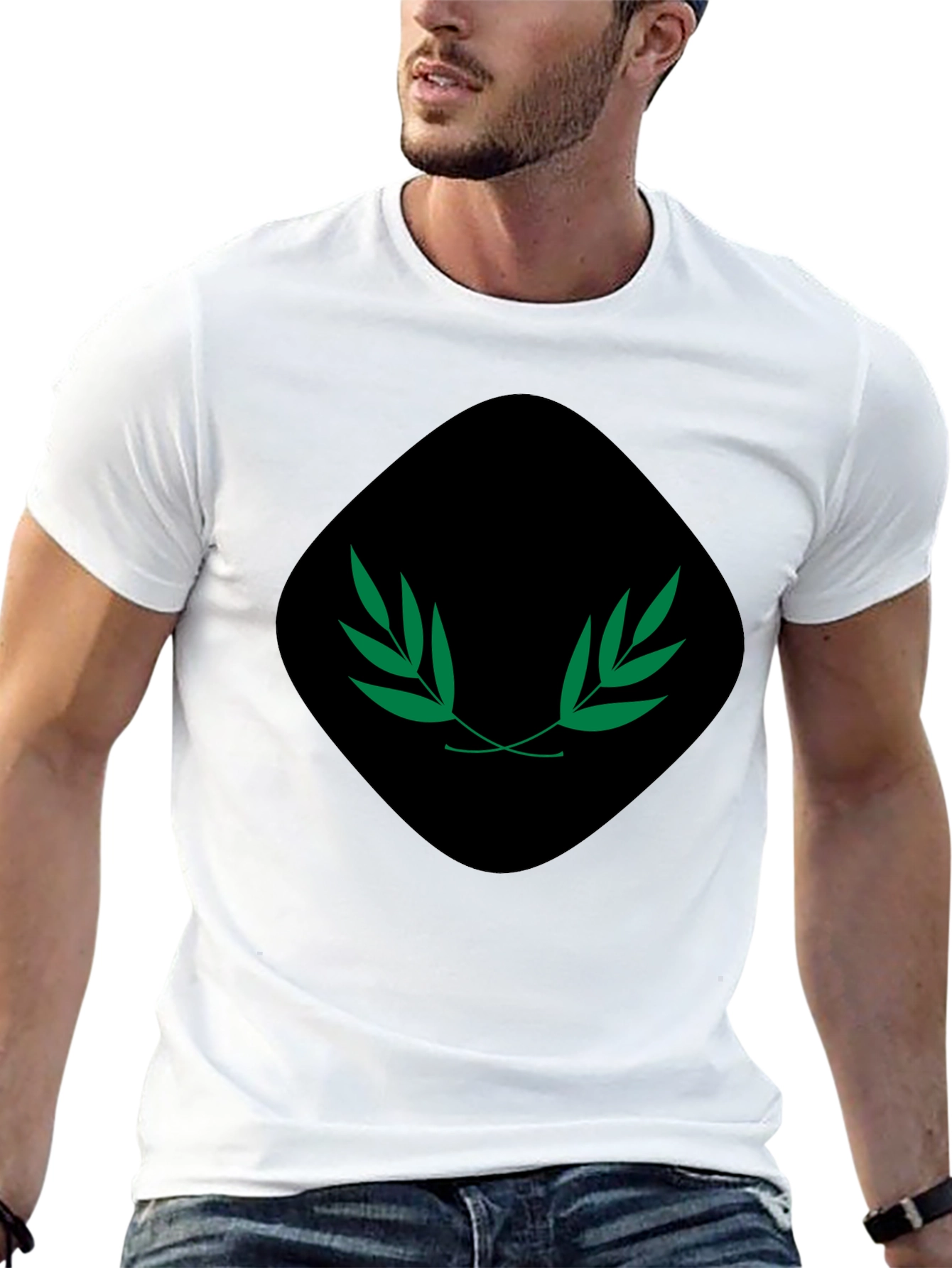 Mens Black Tee with Green Laurel Design