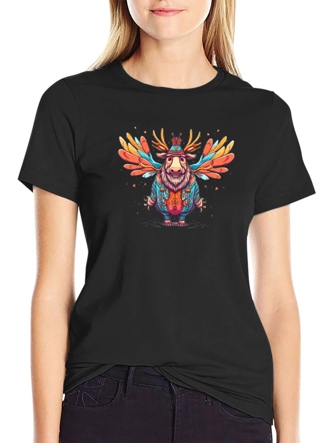 Whimsical Moose Graphic Tee - Soft Black Cotton Blend
