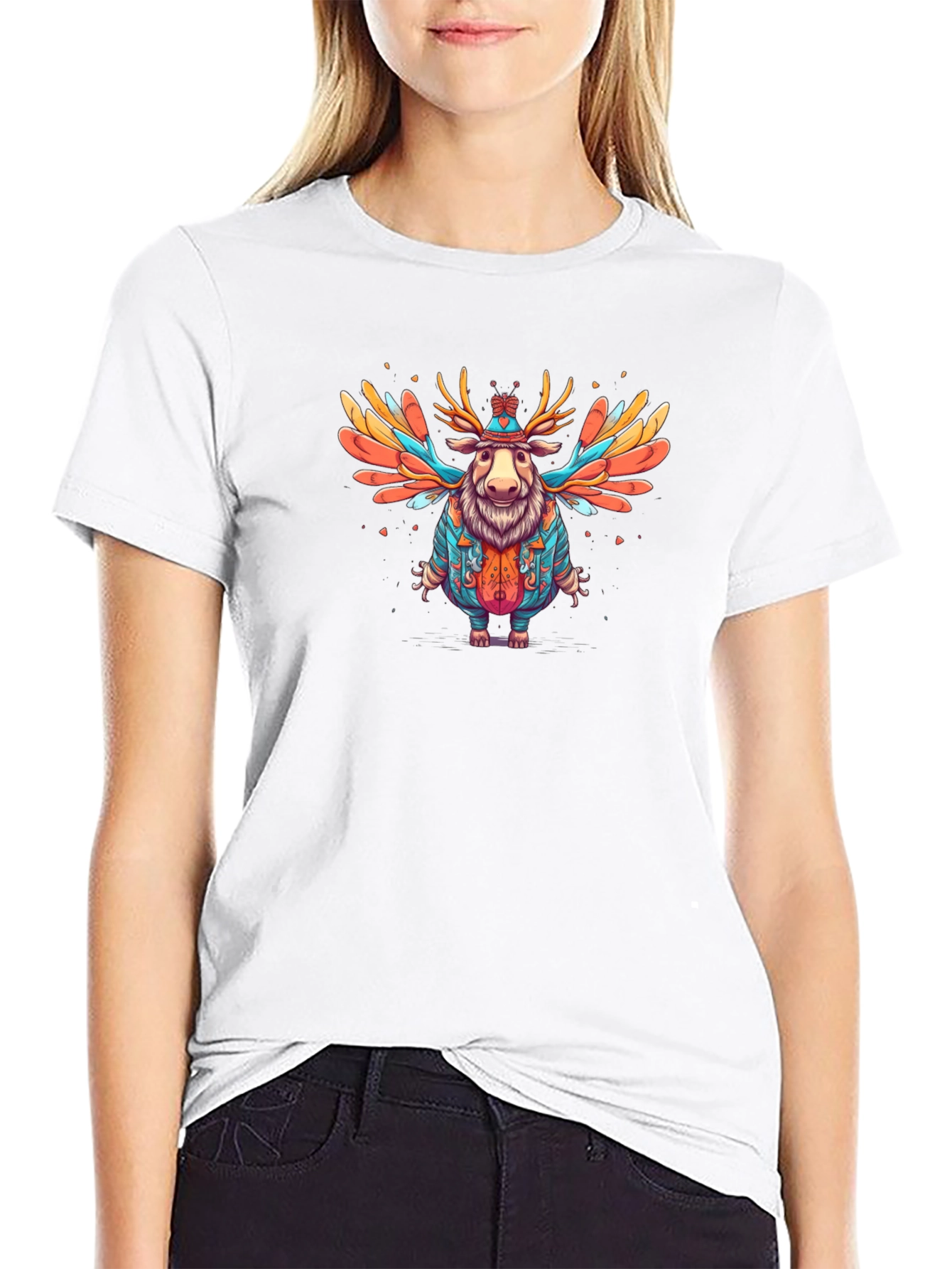 Whimsical Moose Graphic Tee - Soft Black Cotton Blend