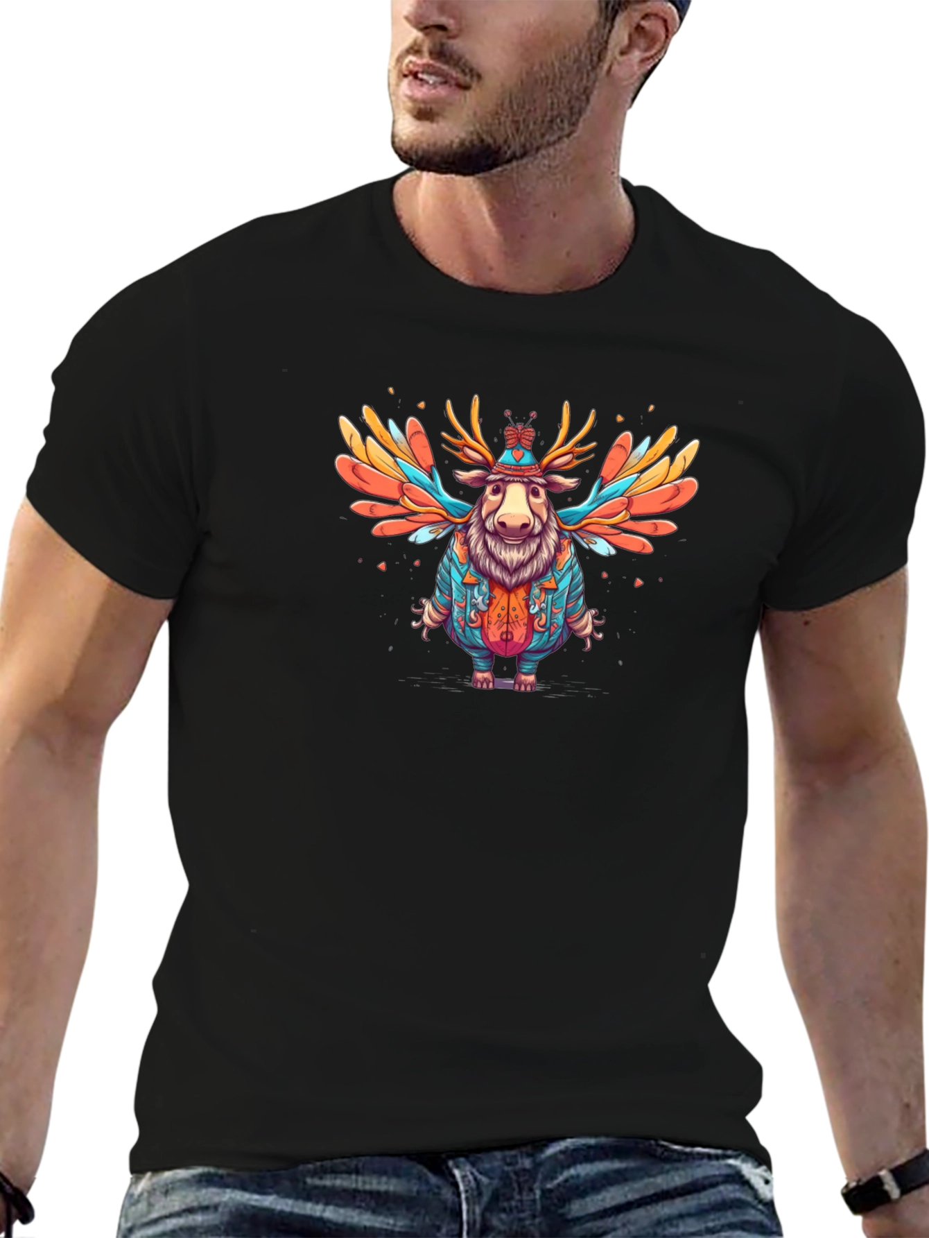 Whimsical Moose Graphic Tee - Soft Black Cotton Blend