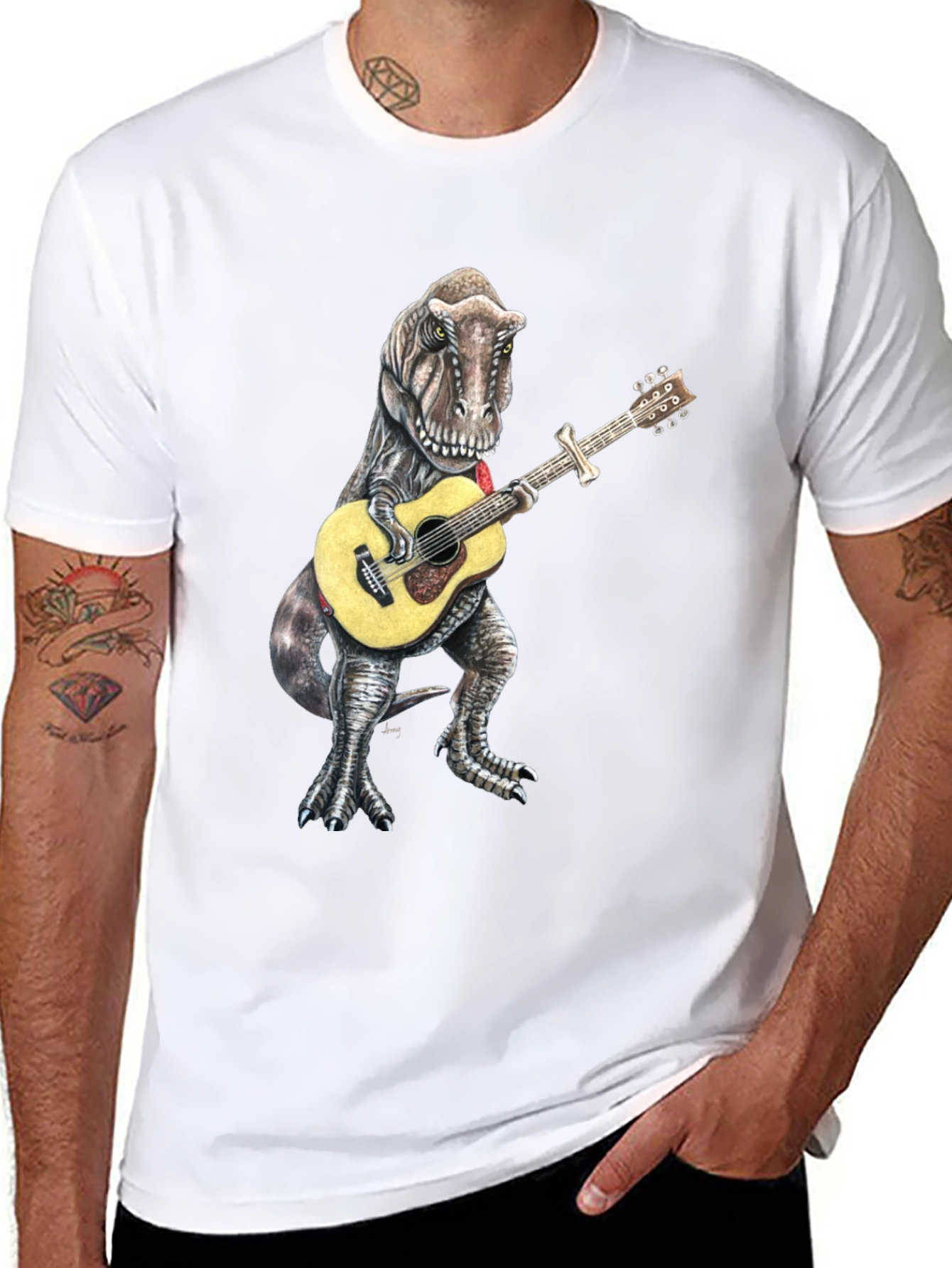 Dinosaur Guitarist Black T-Shirt - Jurassic Rock!