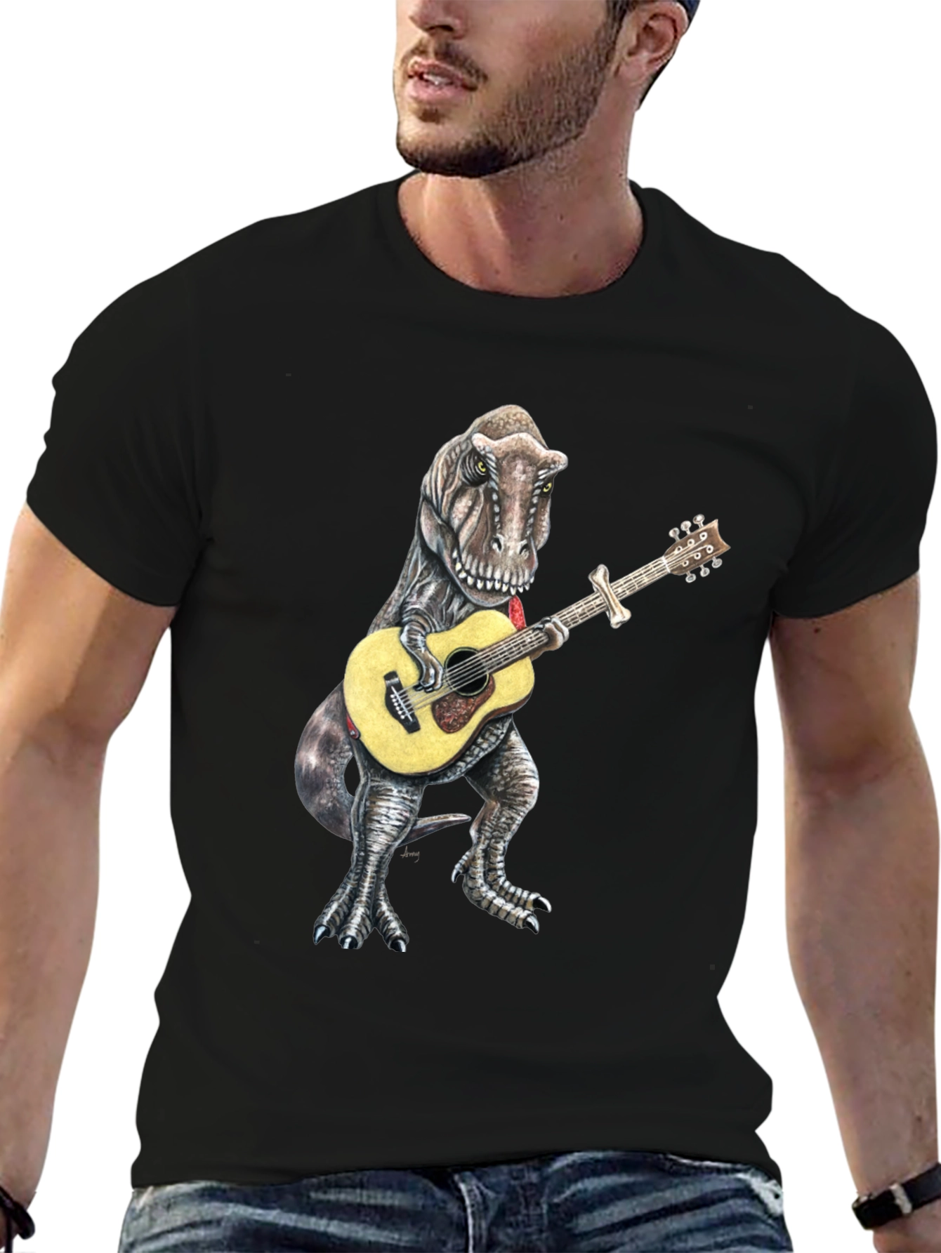 Dinosaur Guitarist Black T-Shirt - Jurassic Rock!