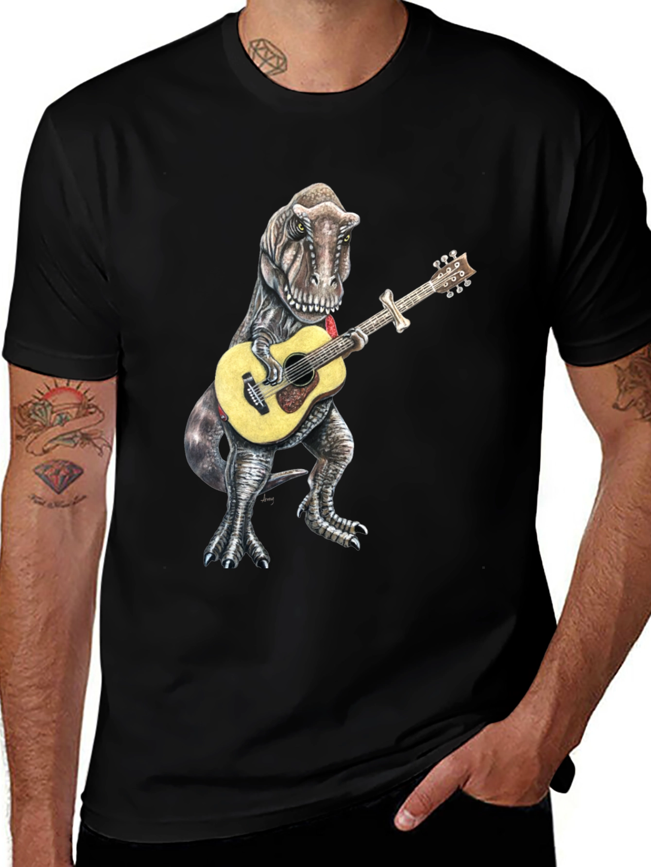 Dinosaur Guitarist Black T-Shirt - Jurassic Rock!