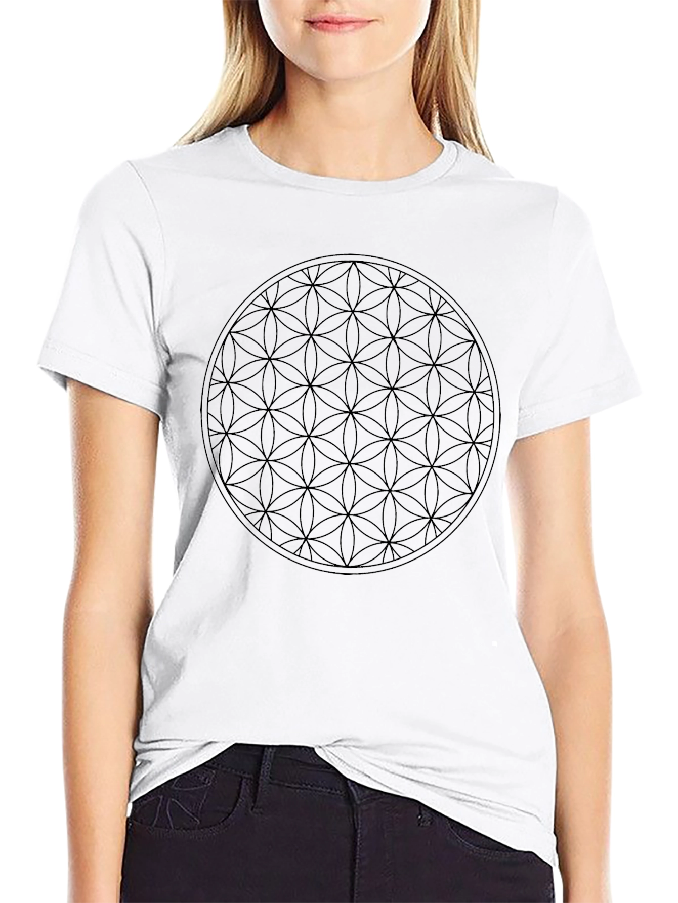 Geometric Flower of Life Graphic Tee - Black