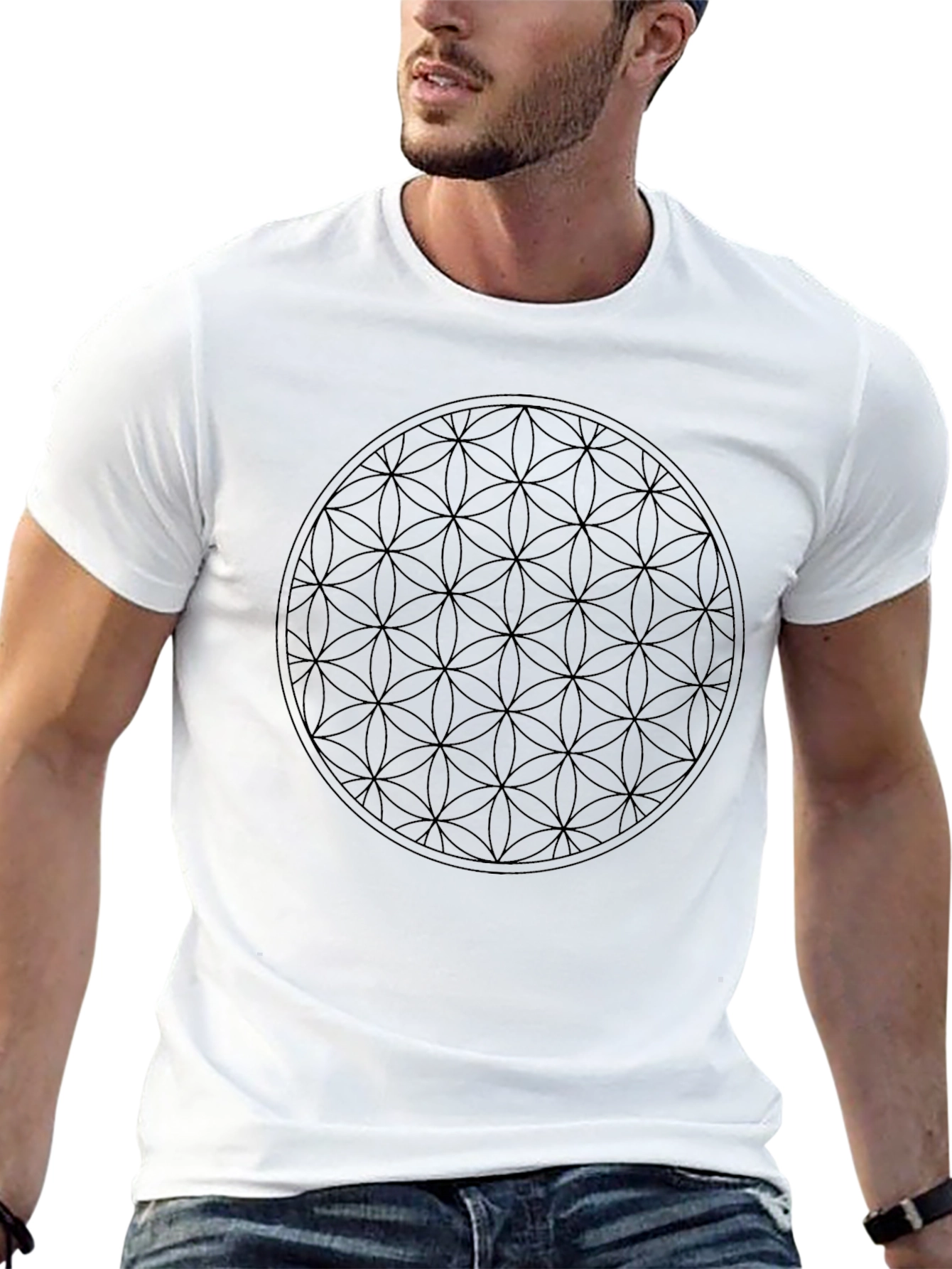 Geometric Flower of Life Graphic Tee - Black