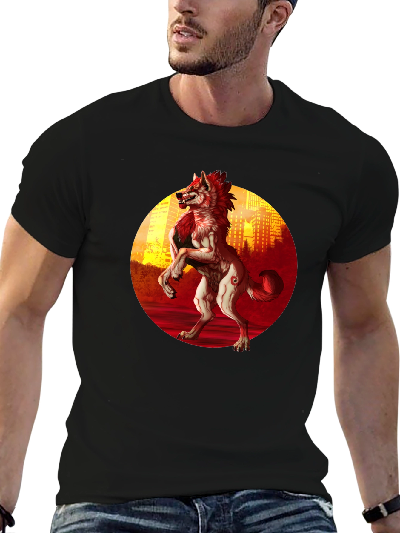 Werewolf Cityscape Graphic Tee - Black