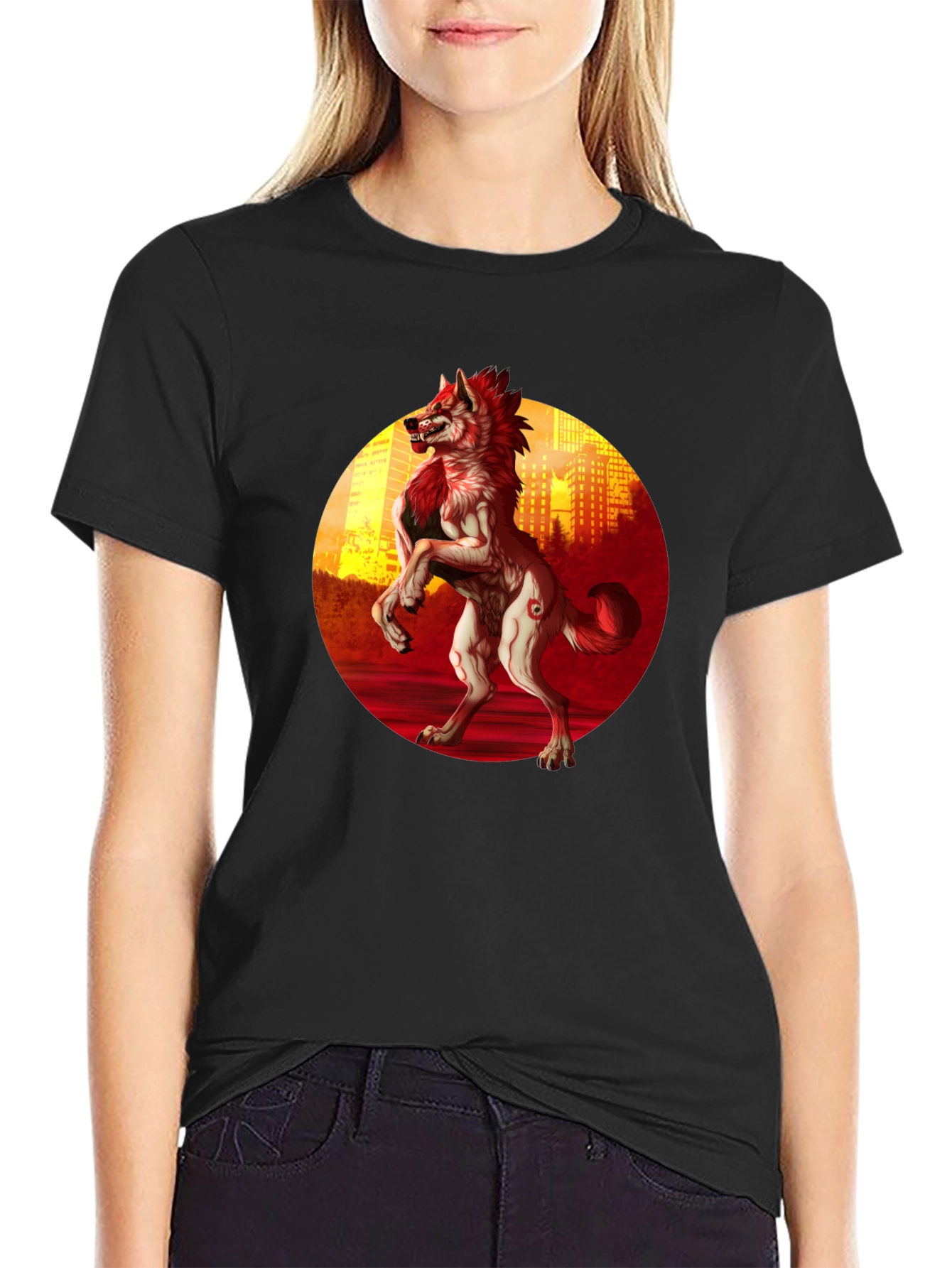 Werewolf Cityscape Graphic Tee - Black