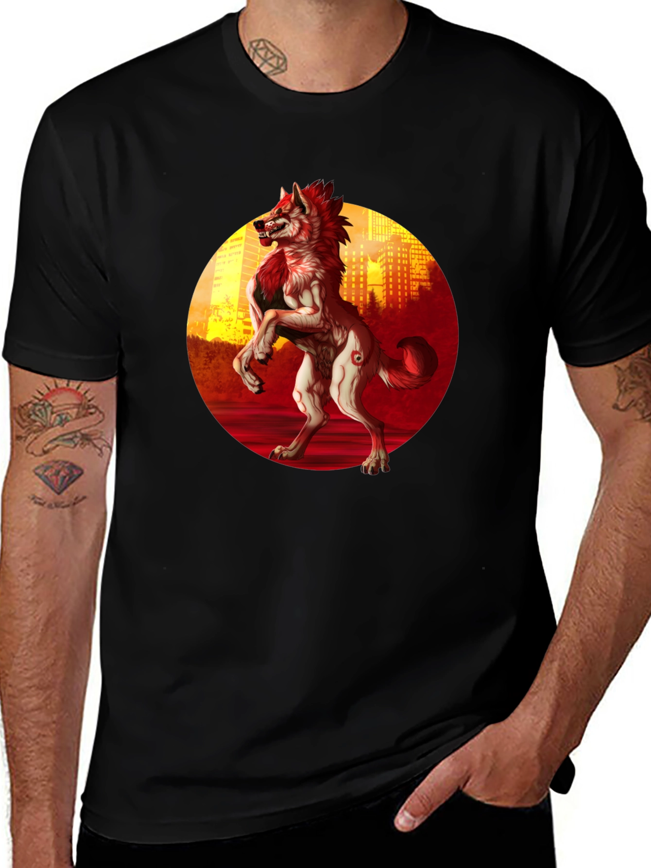 Werewolf Cityscape Graphic Tee - Black
