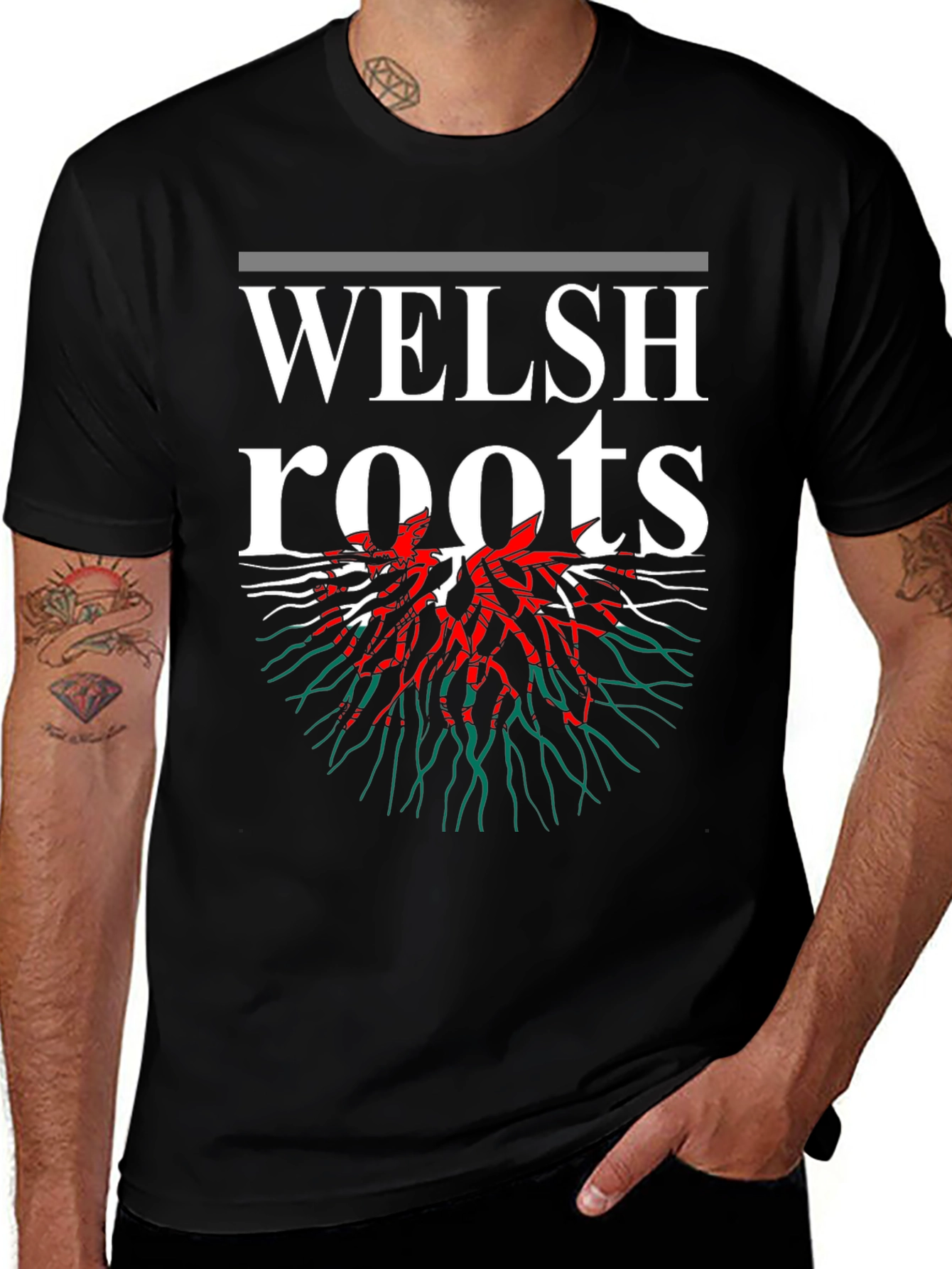 Welsh Roots T-Shirt - Black Red & Green Design