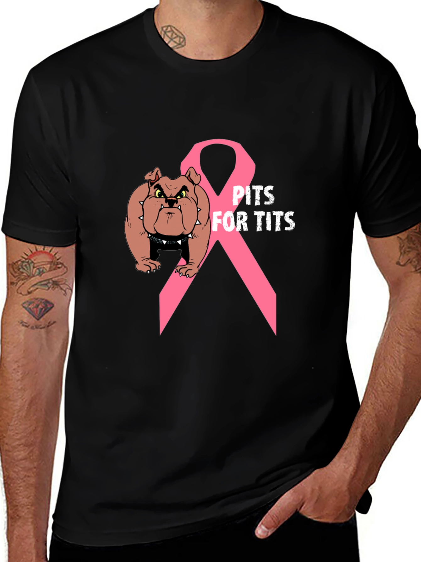 Pits For Tits T-Shirt: Bulldog Breast Cancer Awareness